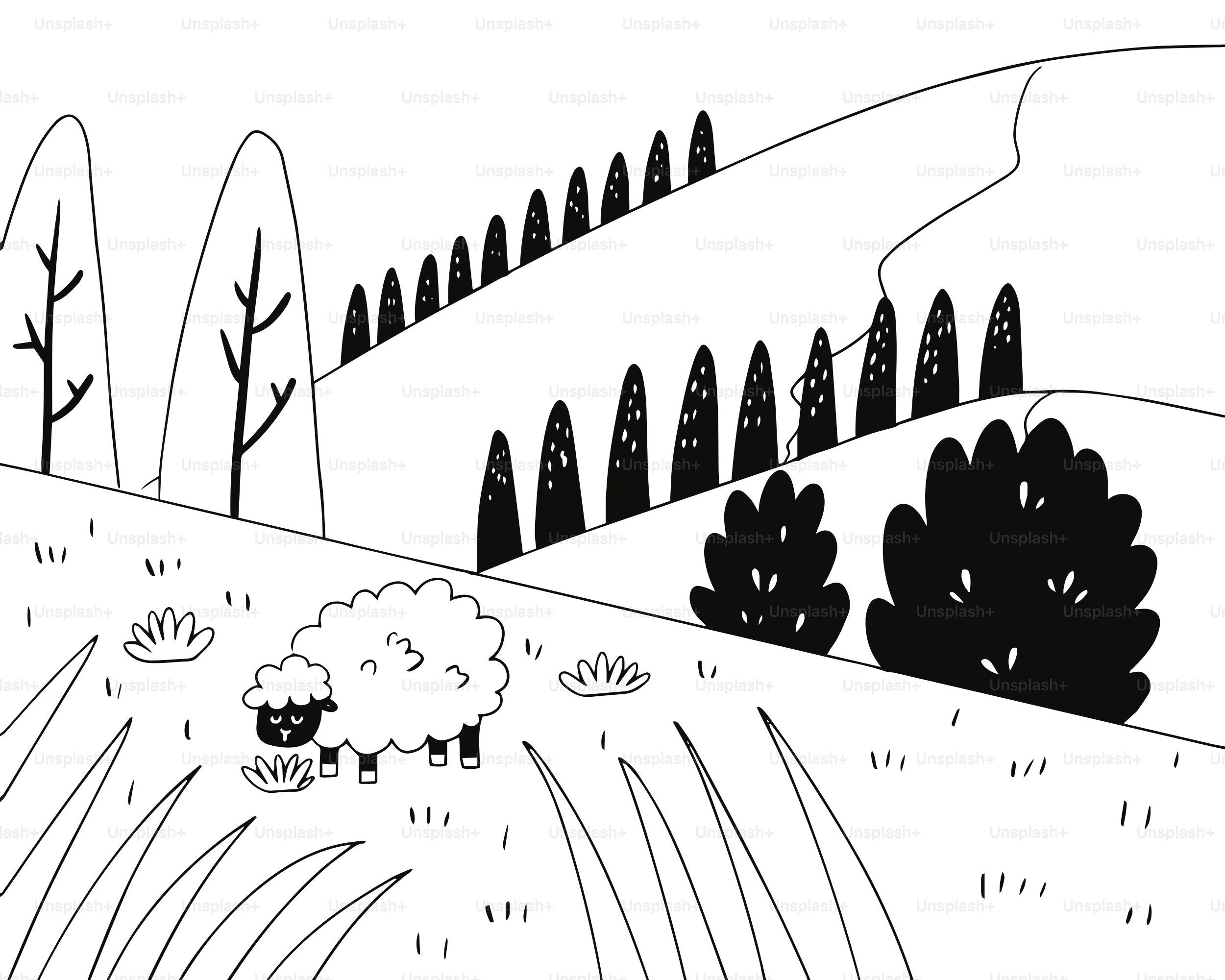 A black and white drawing of a landscape