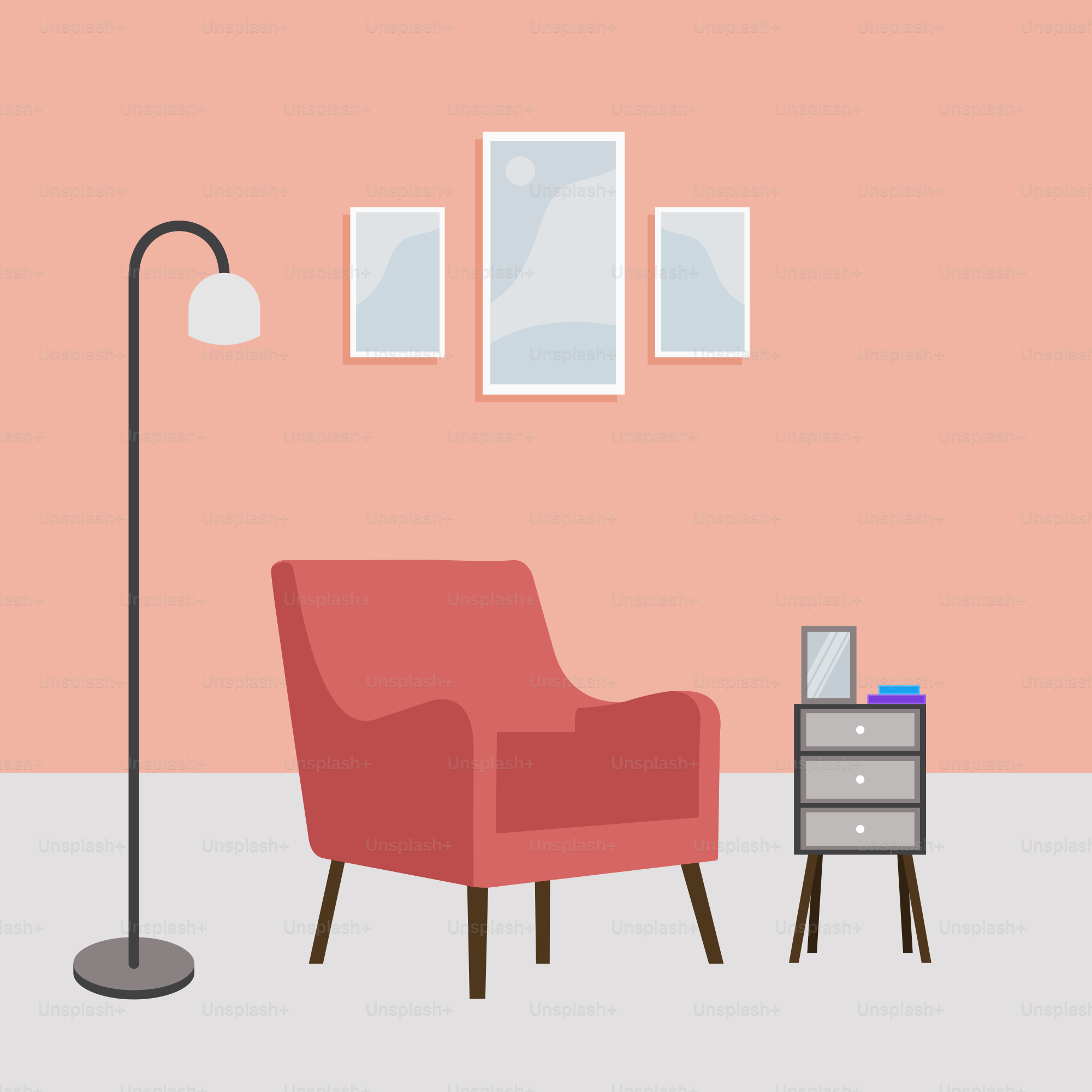 Ein Wohnzimmer mit einem roten Stuhl und einer Lampe