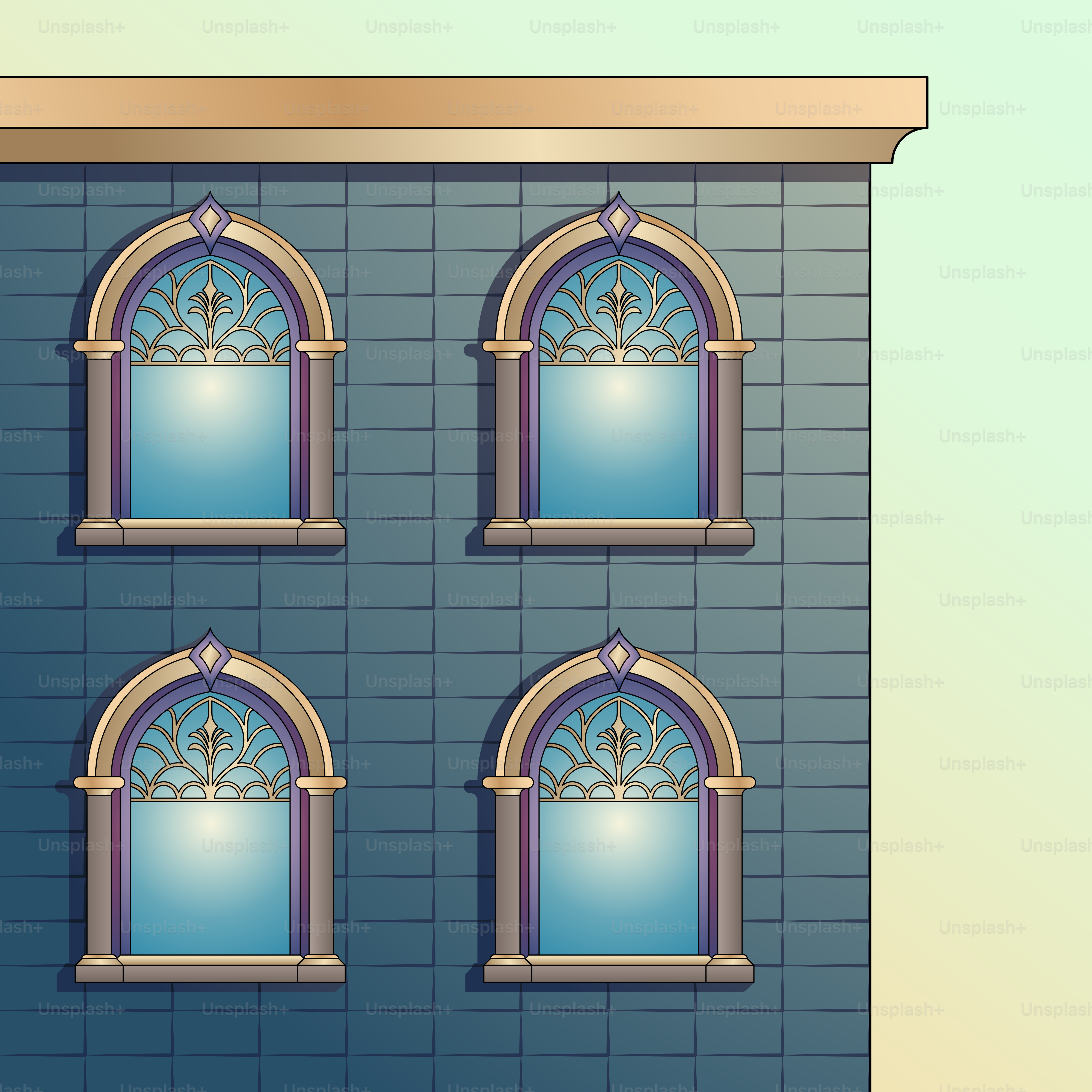 A blue building with four arched windows