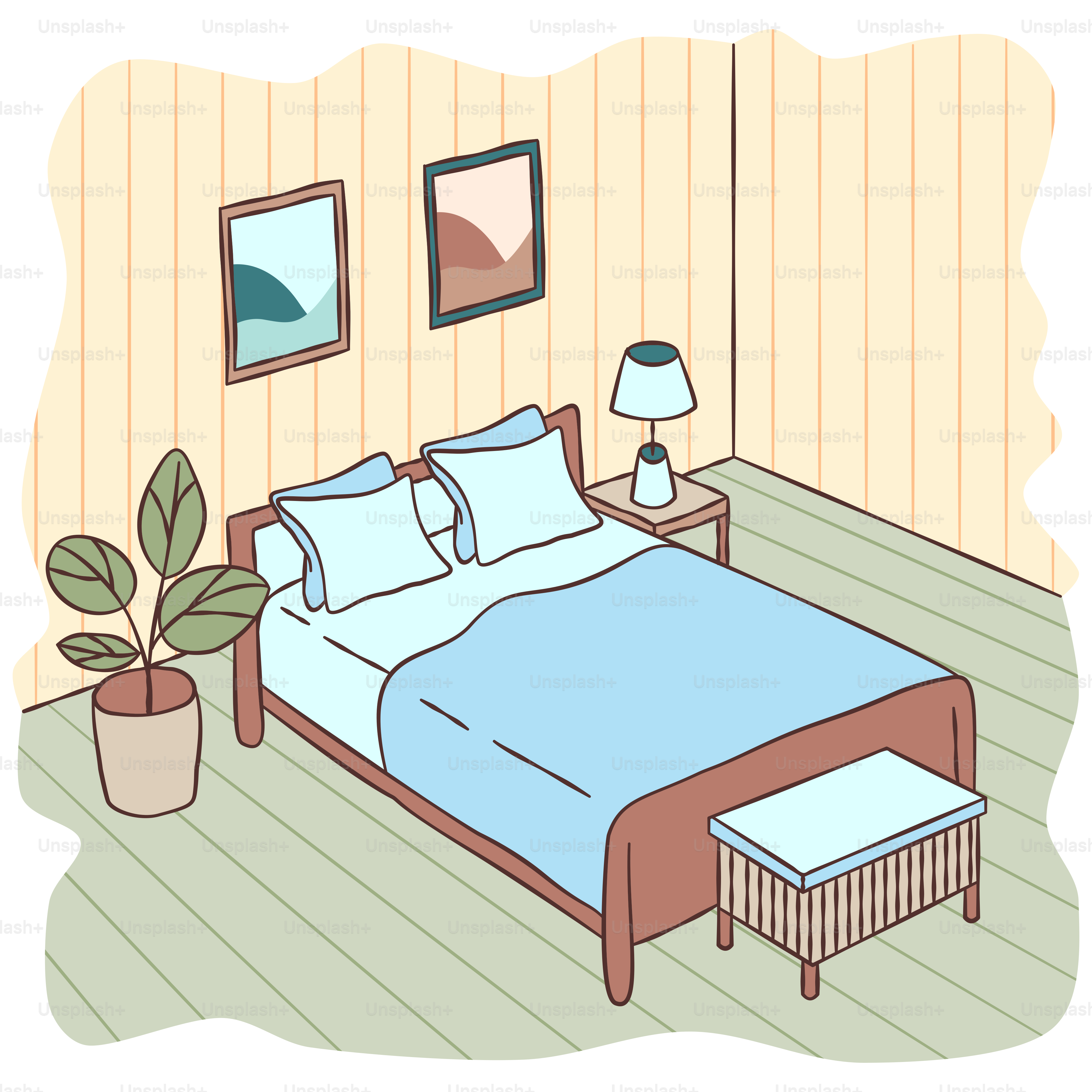 Eine Zeichnung eines Schlafzimmers mit einem Beet und einer Pflanze