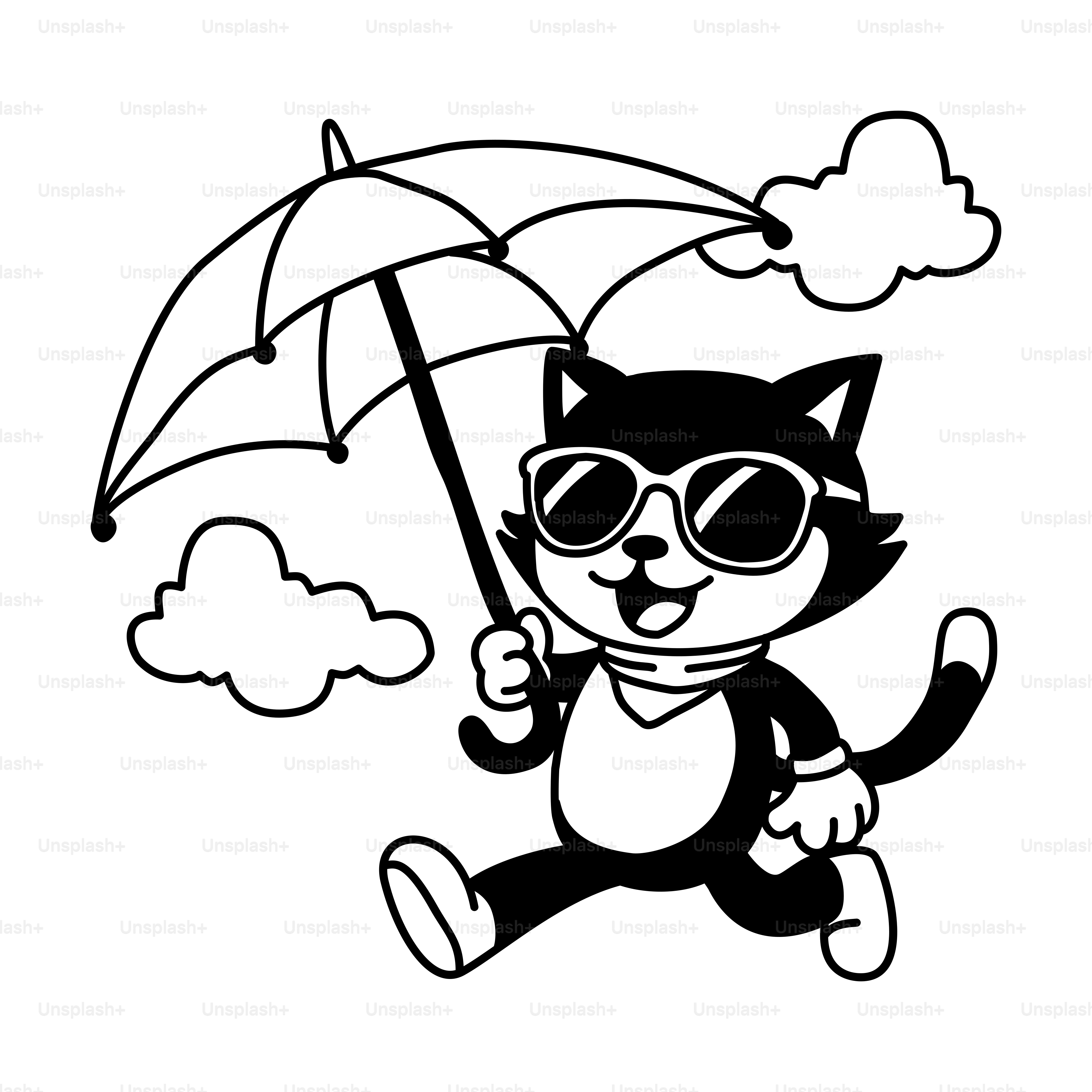 A black and white drawing of a cat holding an umbrella