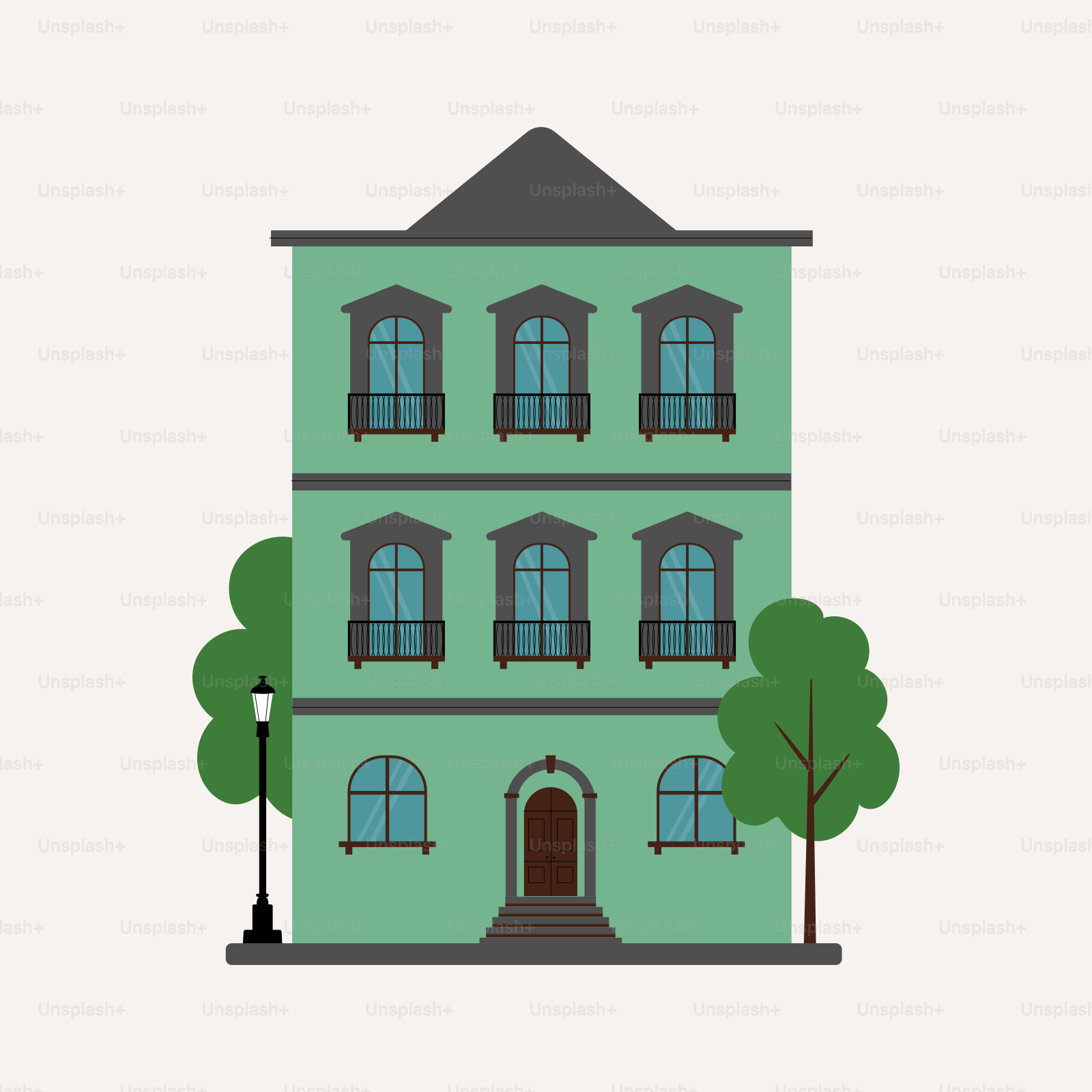 A green building with a brown door and windows