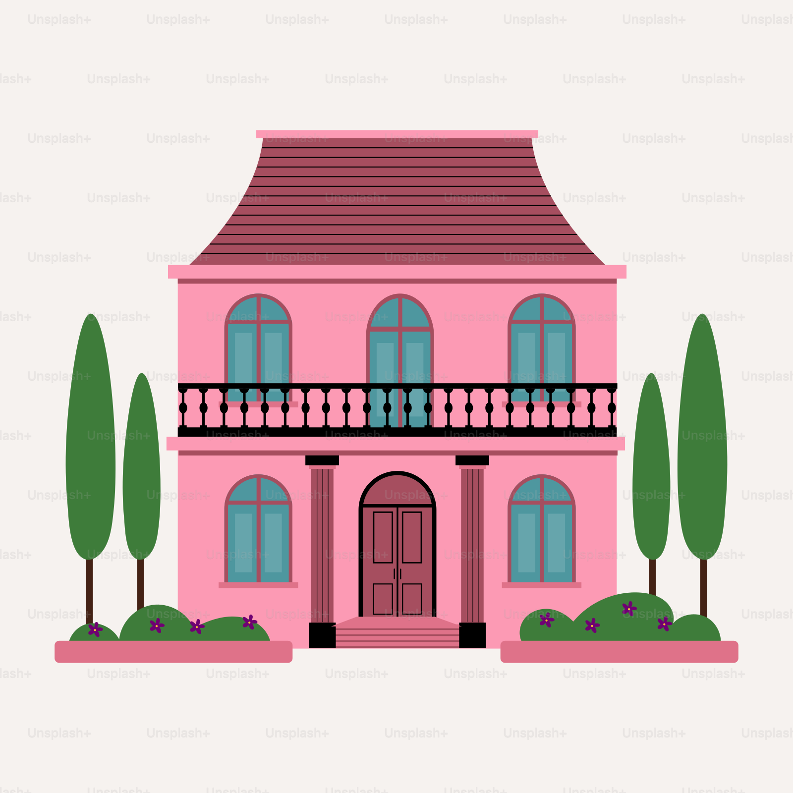 A pink house with a balcony and balconies