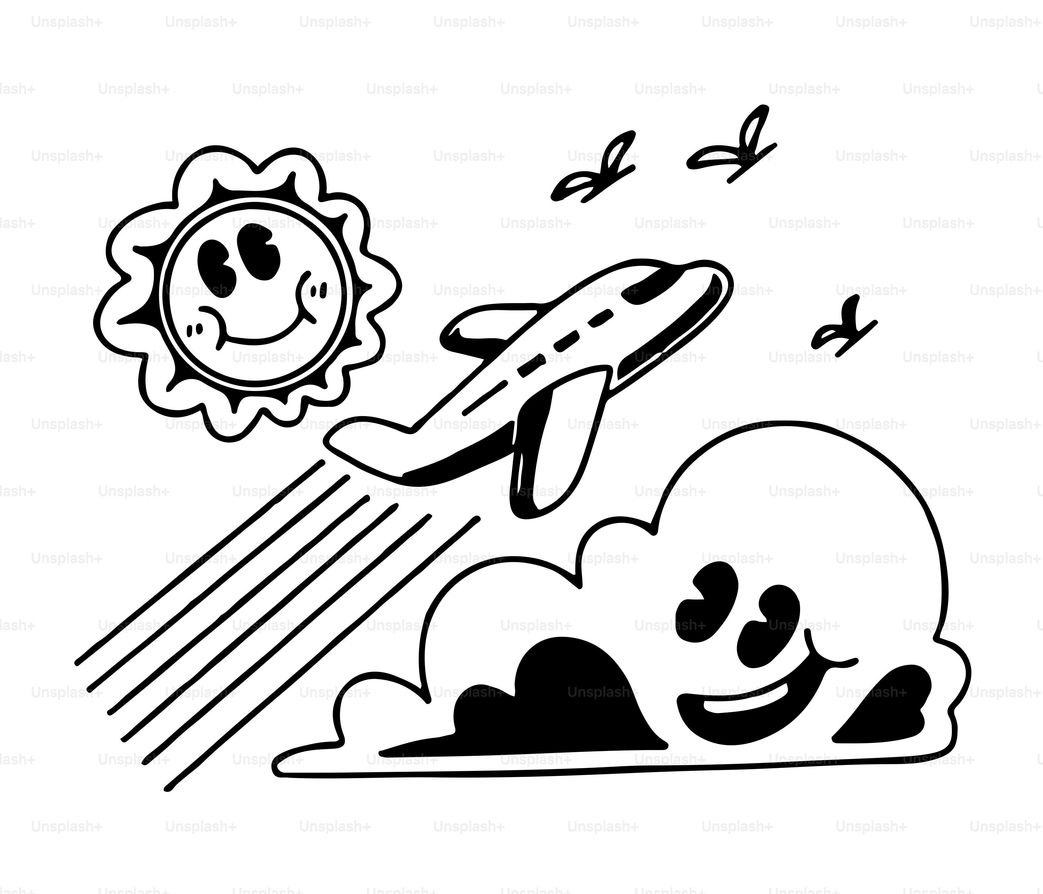A black and white drawing of a sun and a plane