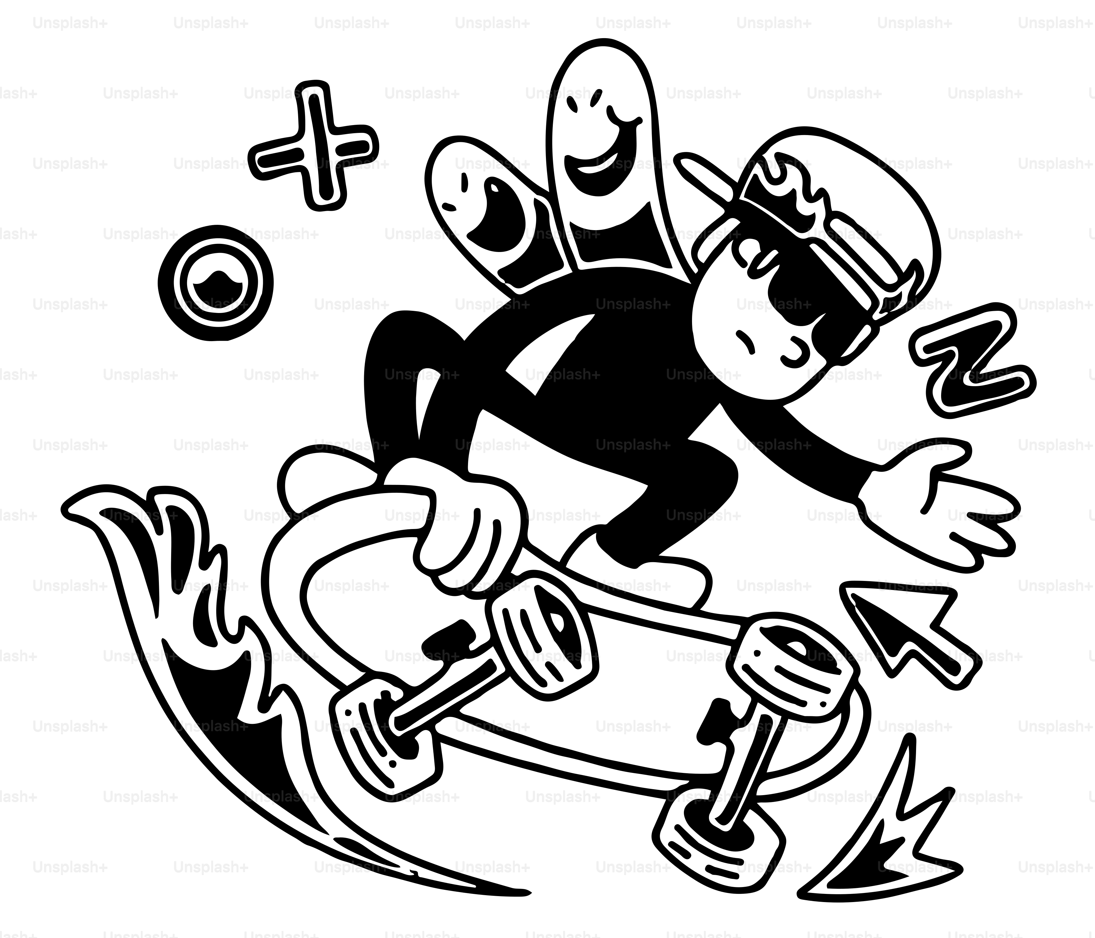 A black and white drawing of a man riding a skateboard