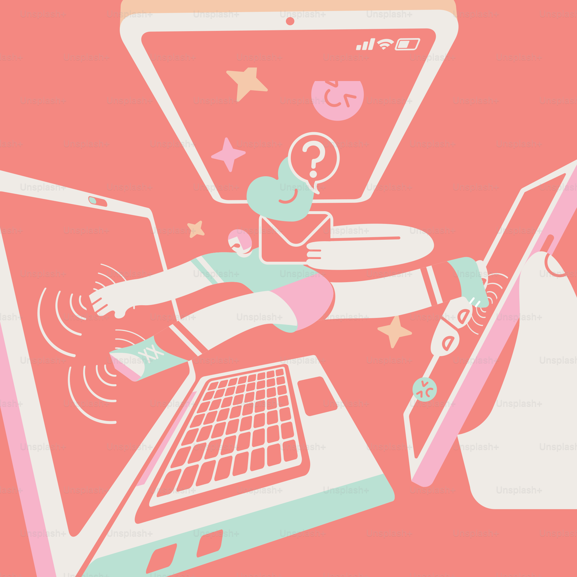 Eine Karikatur einer Person auf einem Laptop und einem Handy