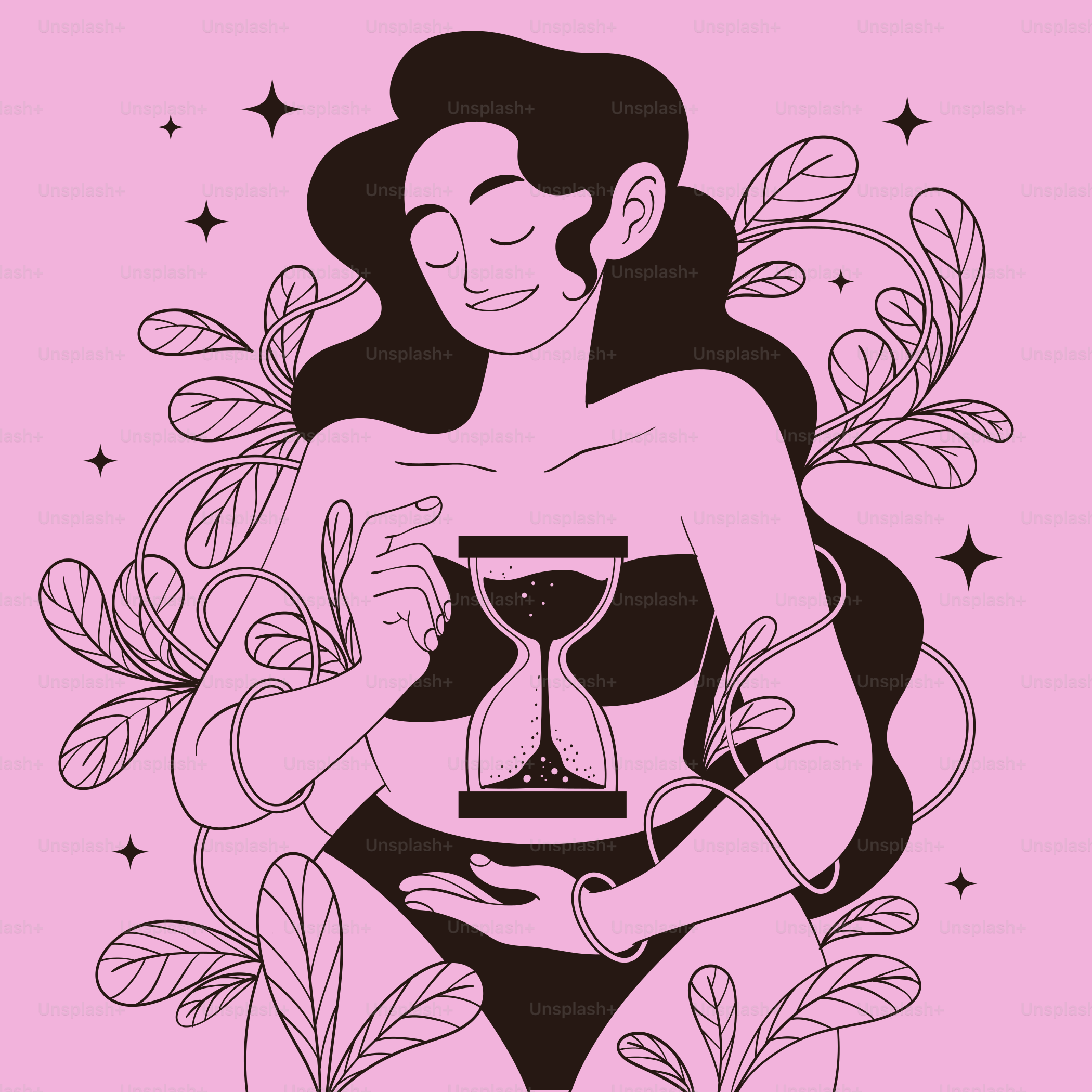 A drawing of a woman holding an hourglass