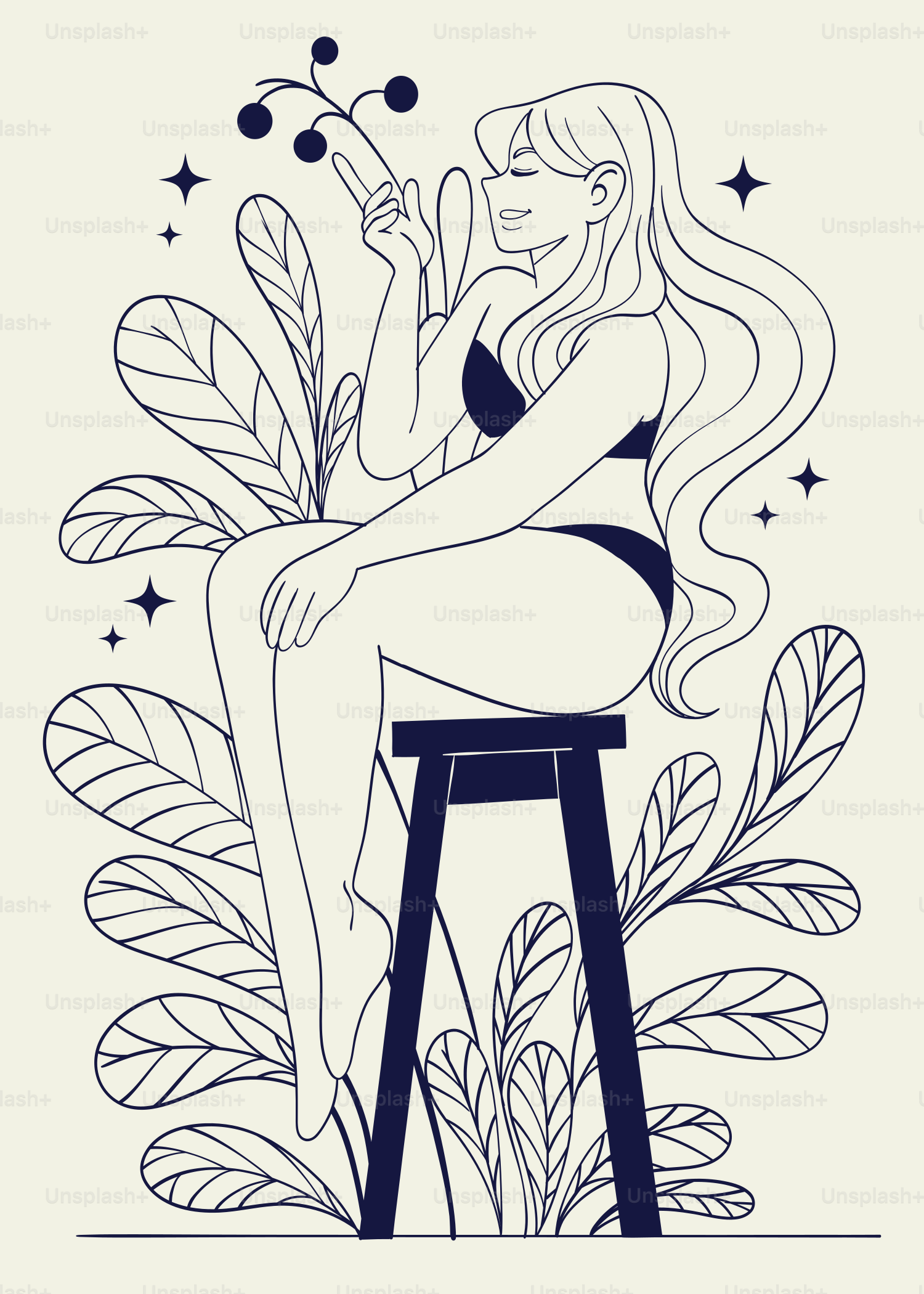 A drawing of a woman sitting on a stool