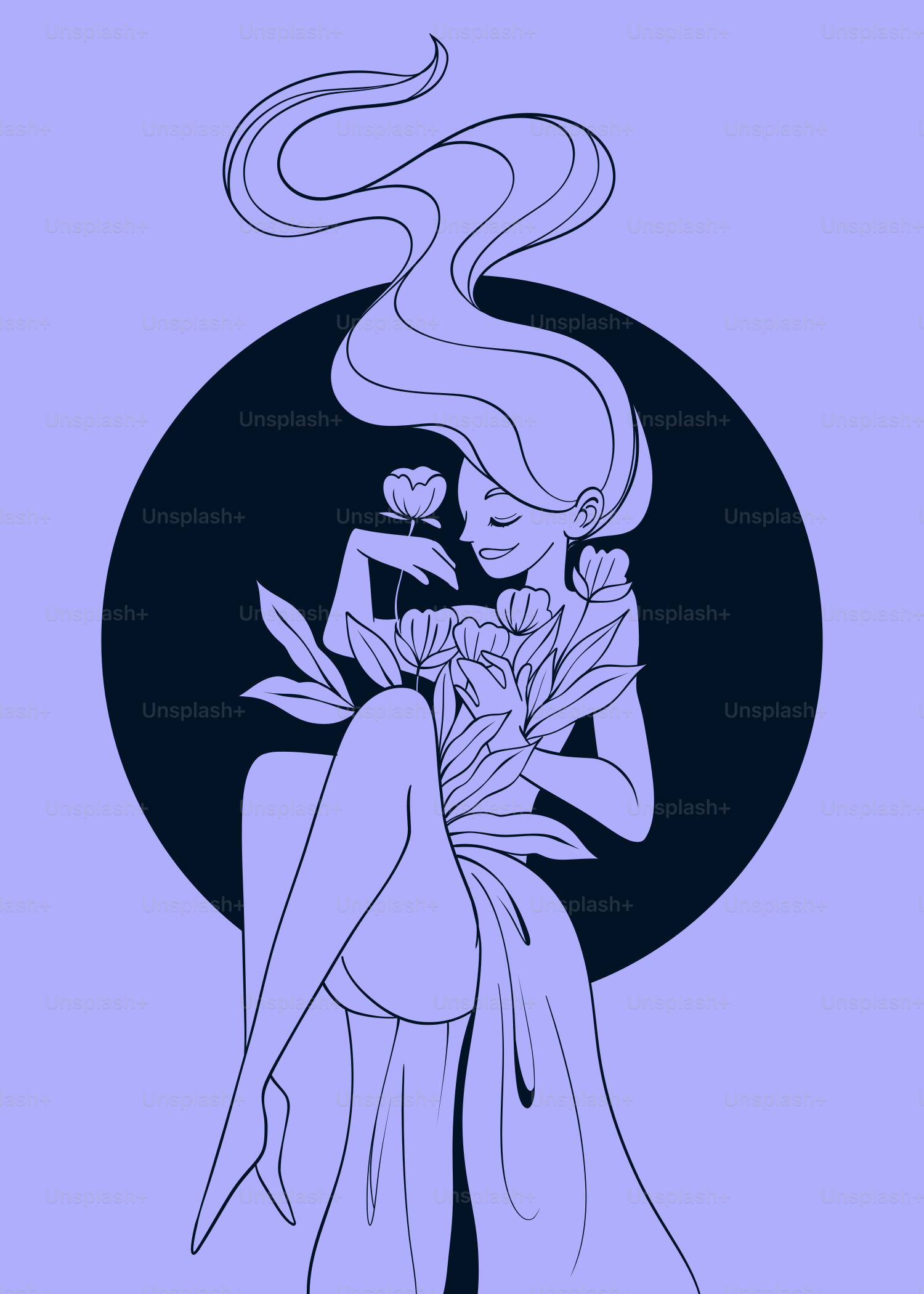 A drawing of a woman holding a bouquet of flowers