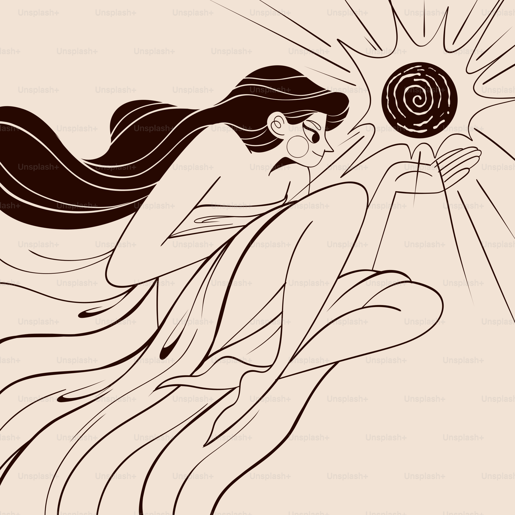 A drawing of a woman holding a sun above her head