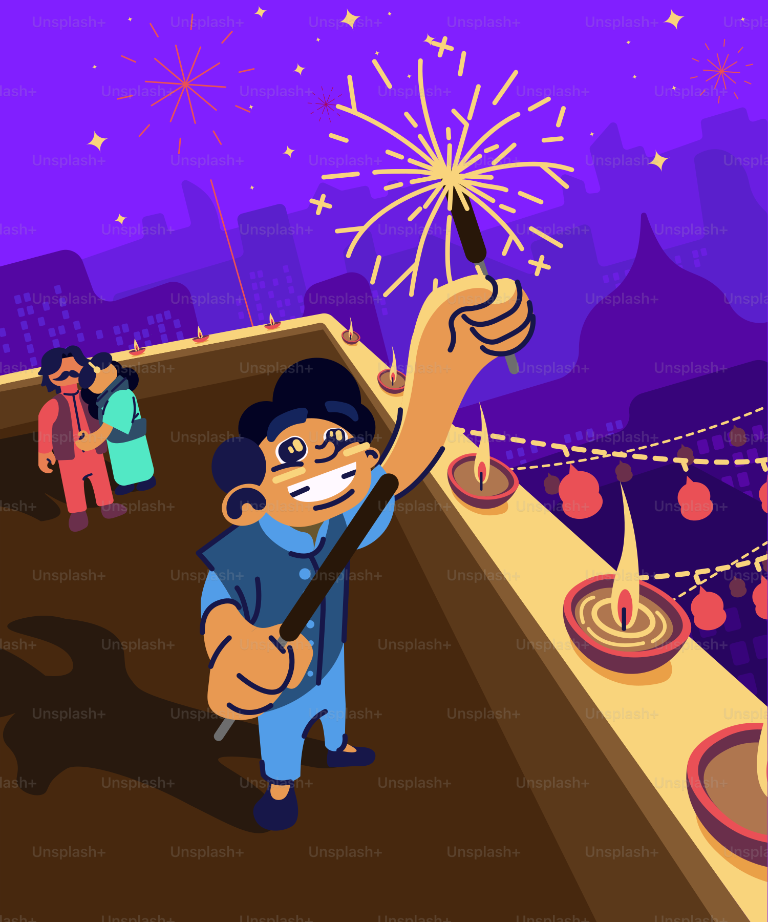 A cartoon character holding a sparkler in his hand