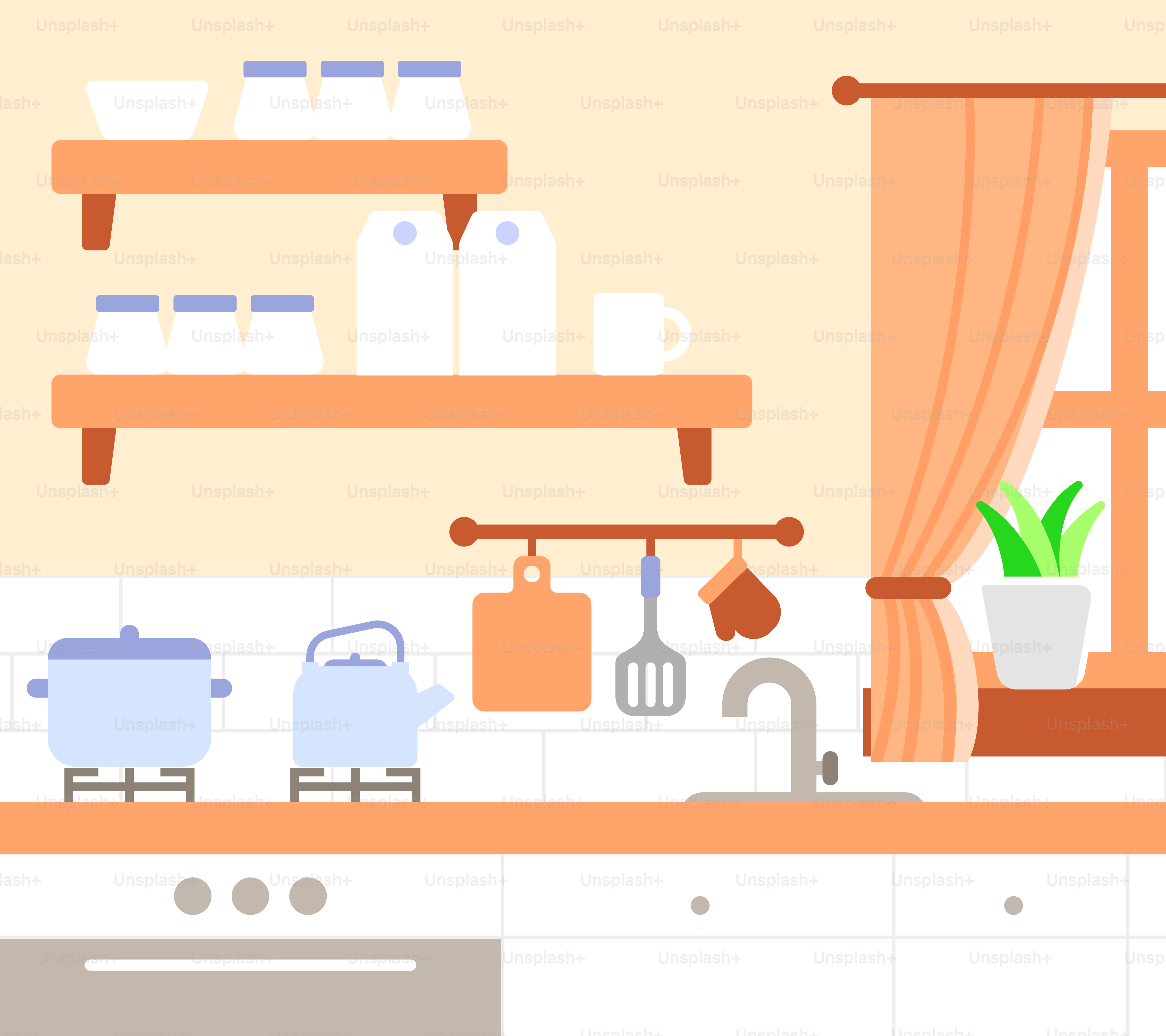 A kitchen with a sink, stove and shelves