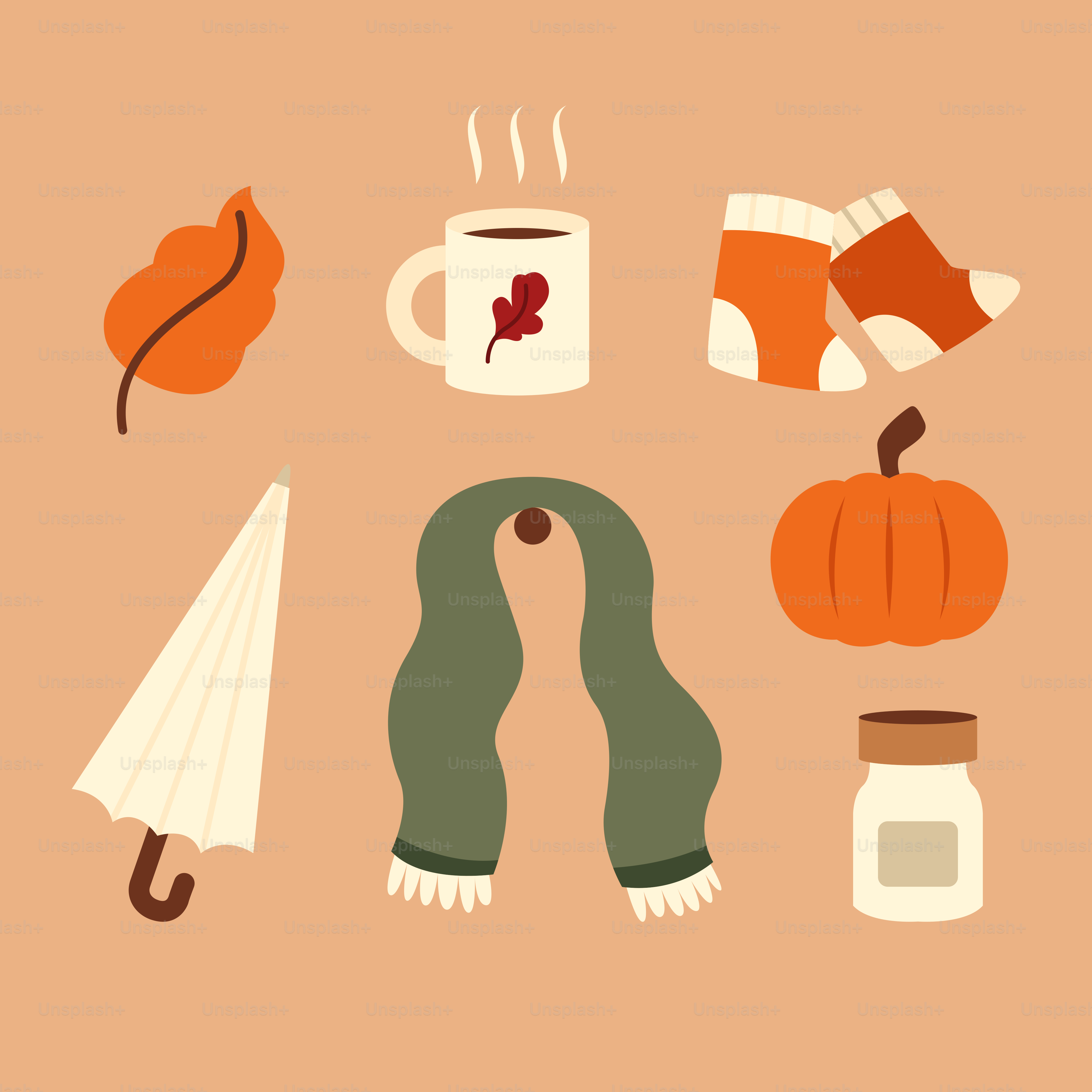 A flat lay of autumn items including a scarf, a mug, a scarf,