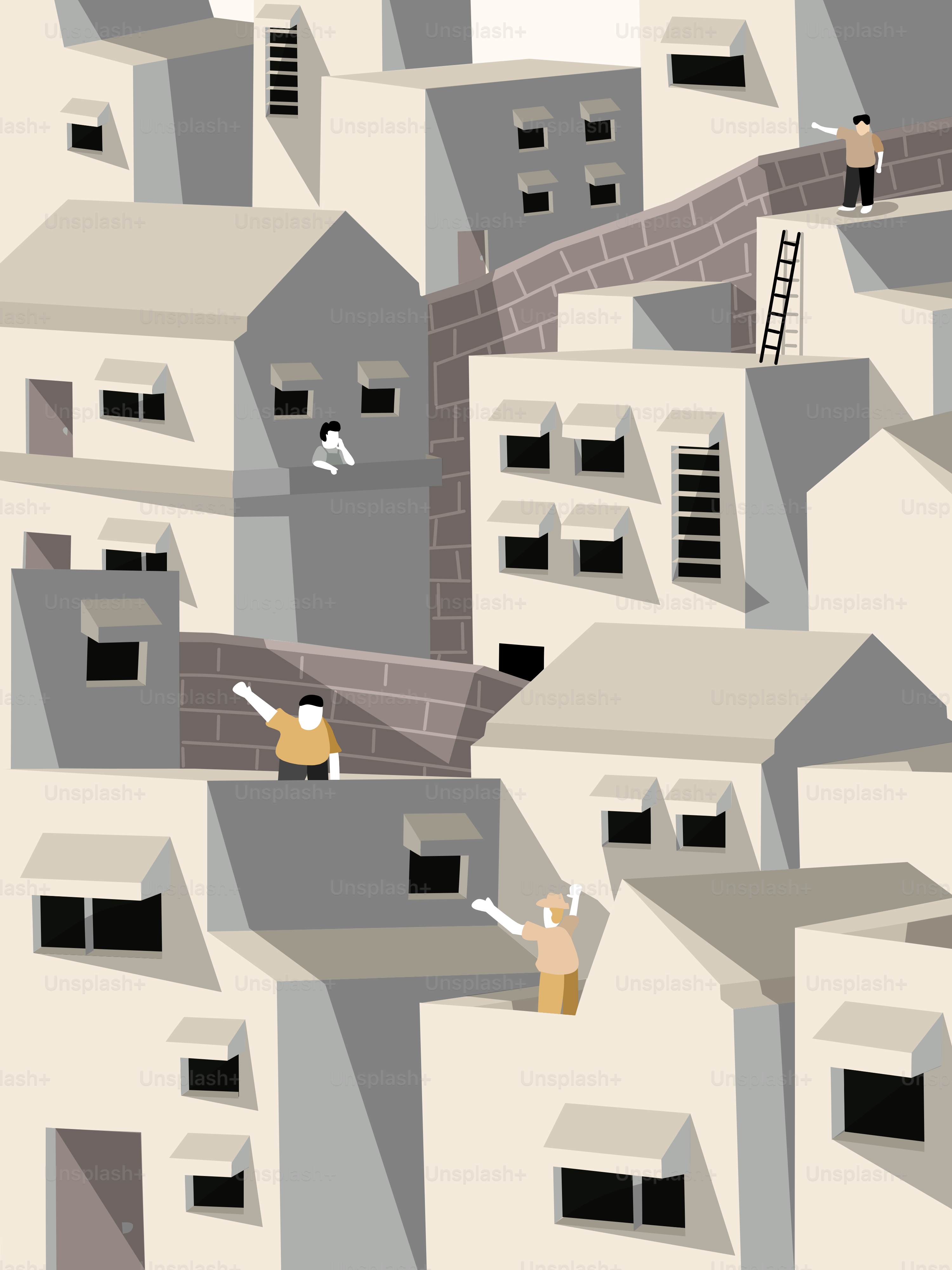 Una ciudad con muchos edificios y una escalera
