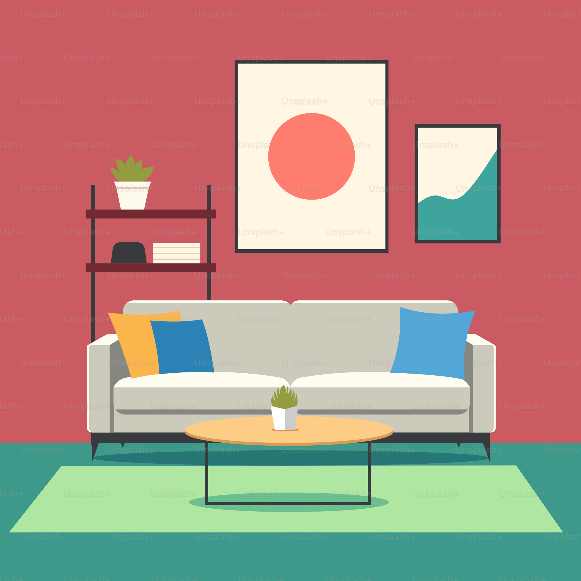 A living room with a couch and a table