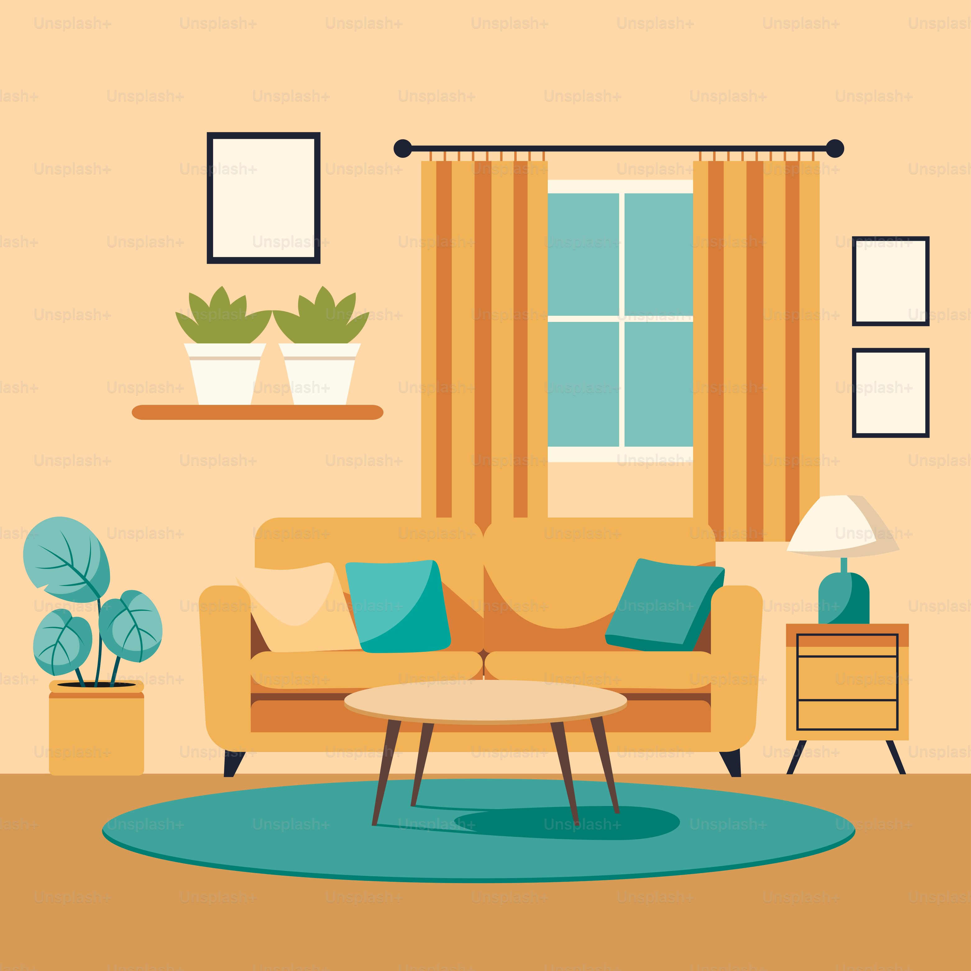 A living room with a couch, chair, table and window
