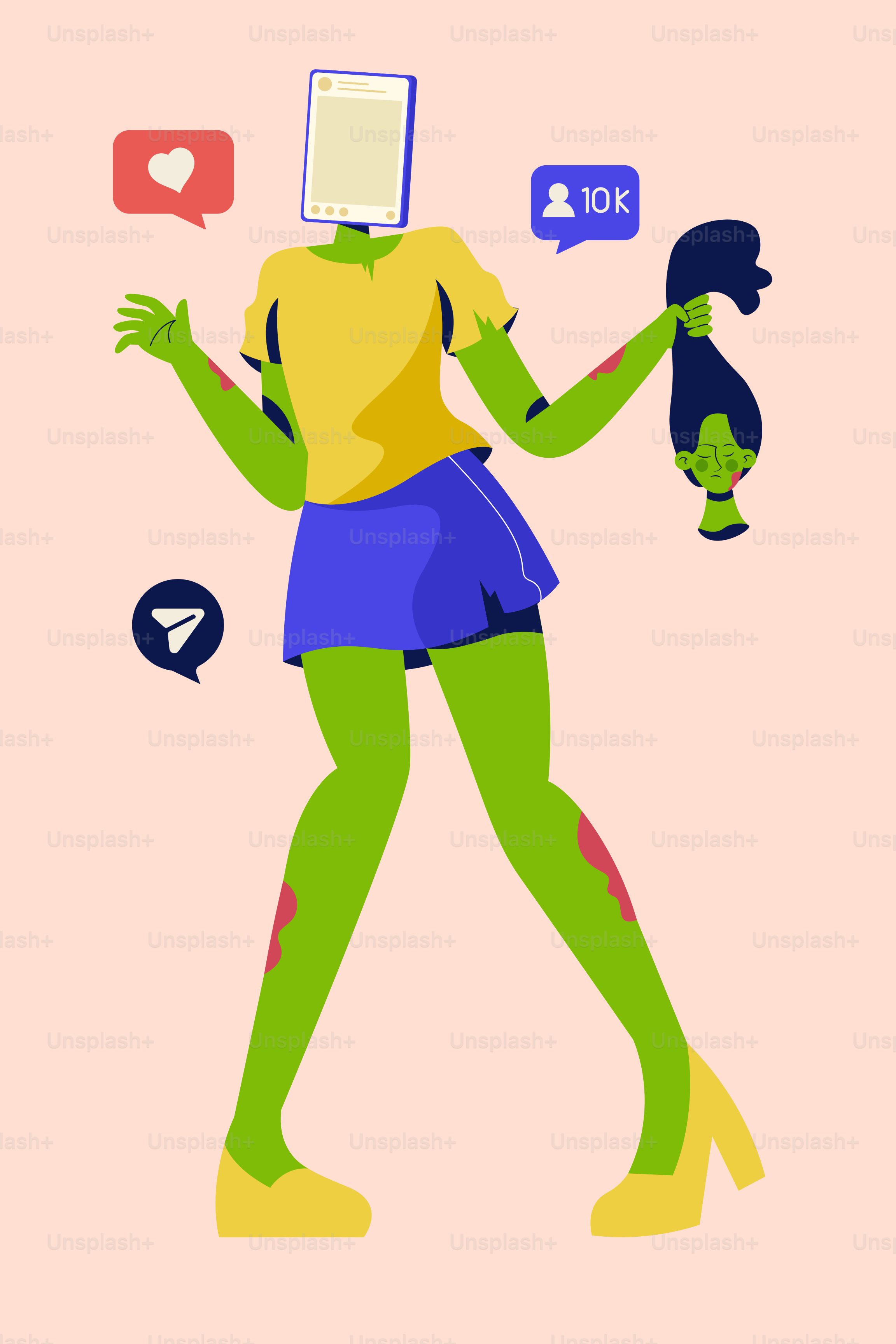 Una donna con un computer portatile in testa