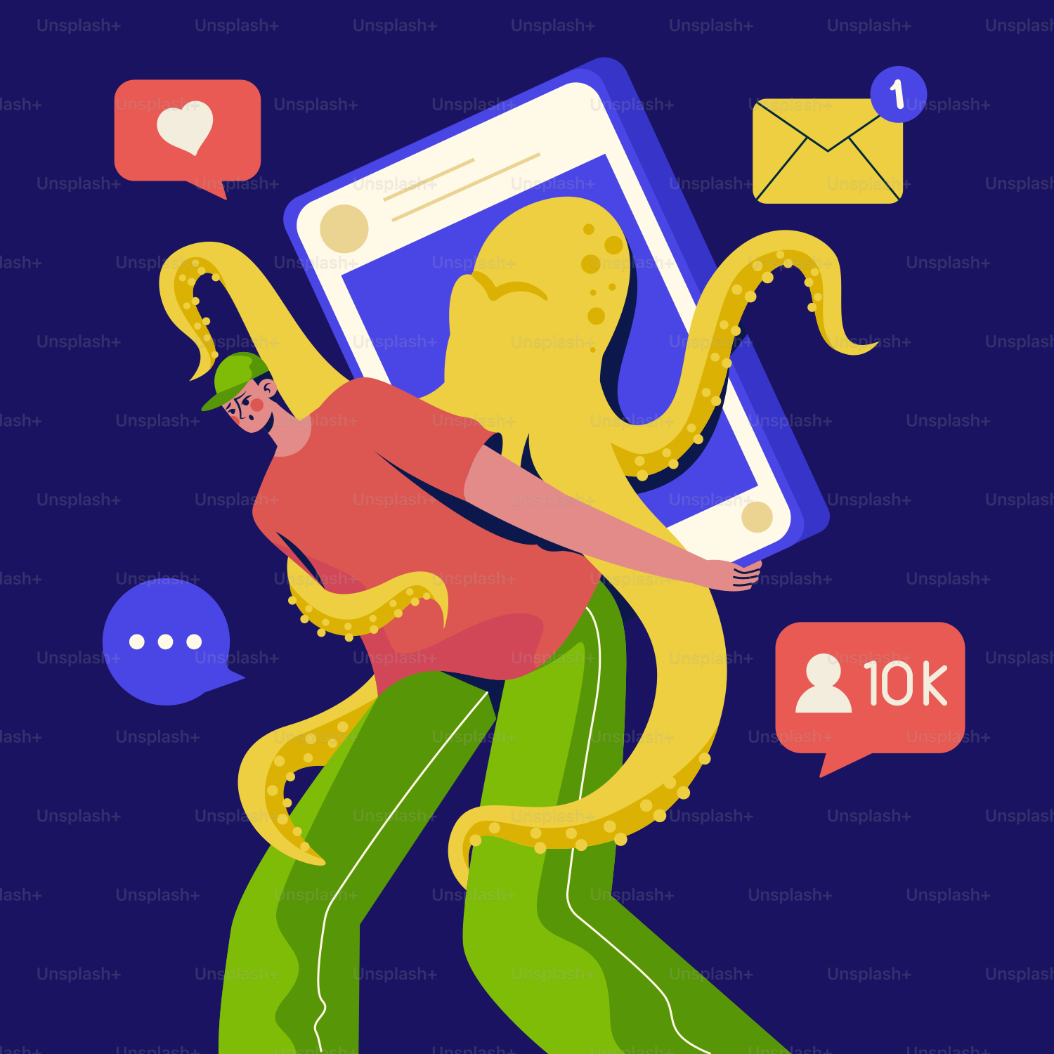 A man with an octopus on his back holding a cell phone