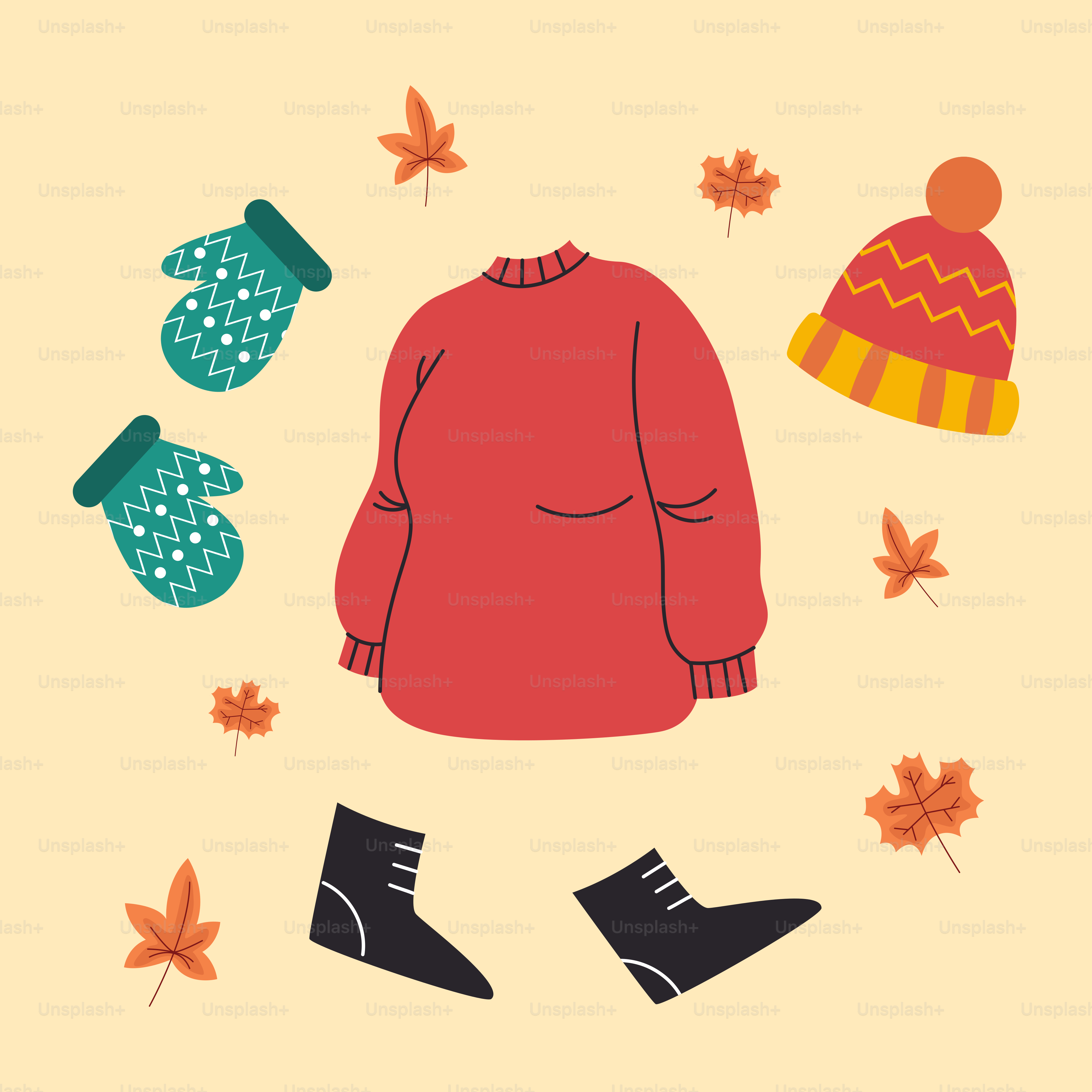 A picture of a sweater, mittens, and boots