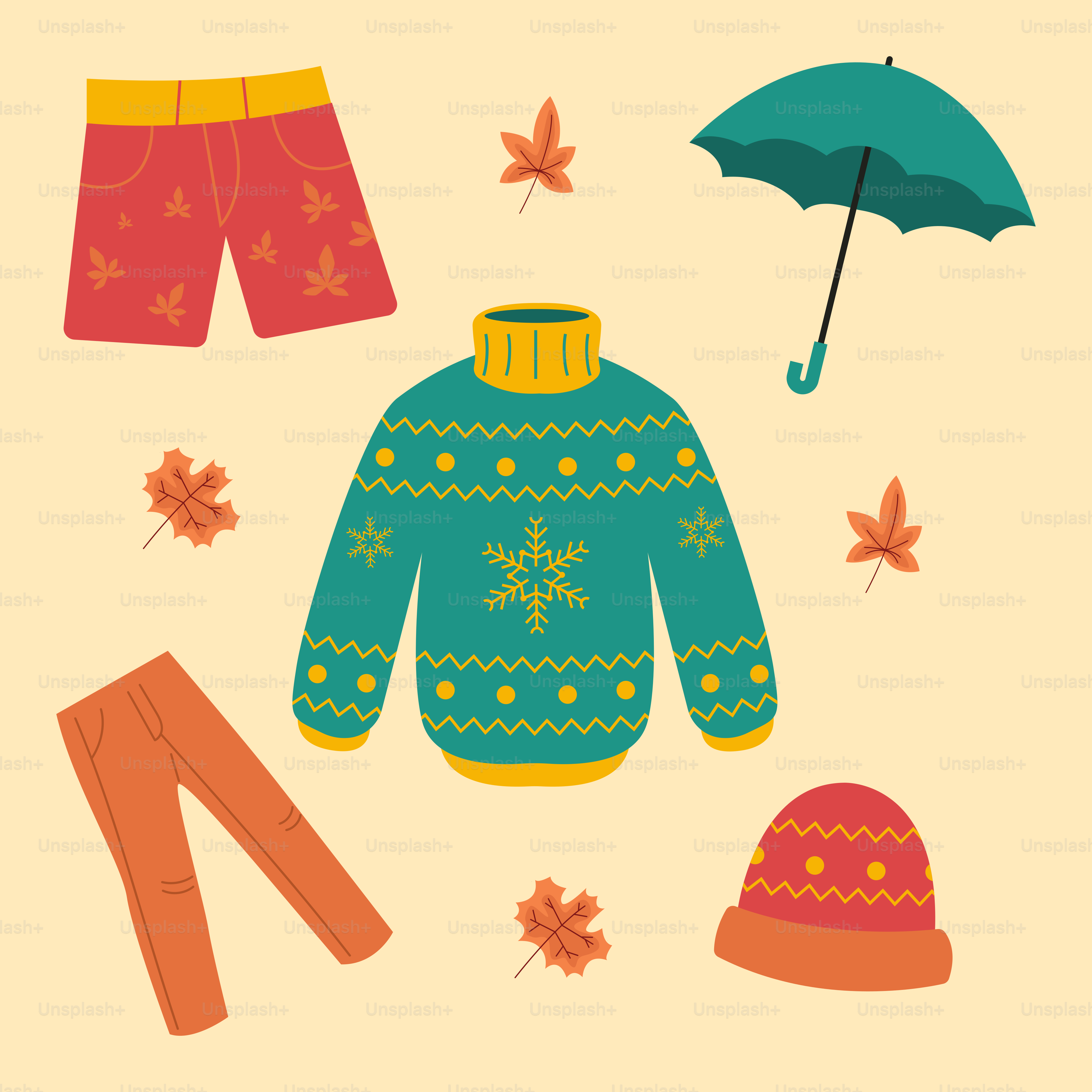 A sweater, pants, hat, and umbrella on a white background