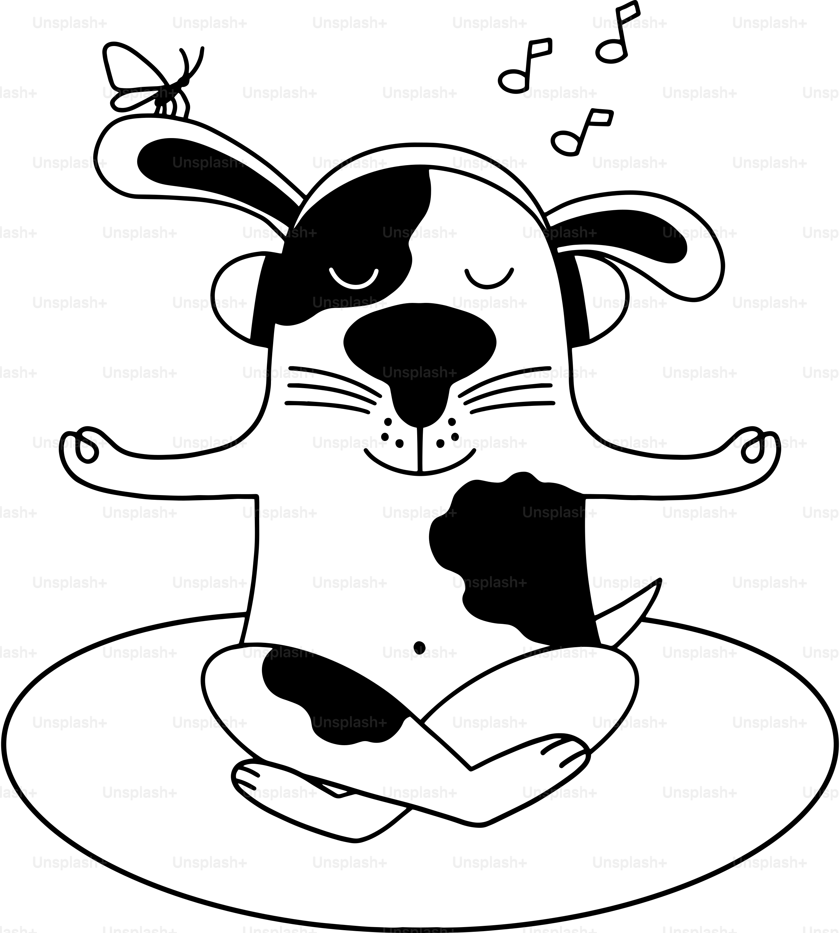 A black and white drawing of a dog with music notes