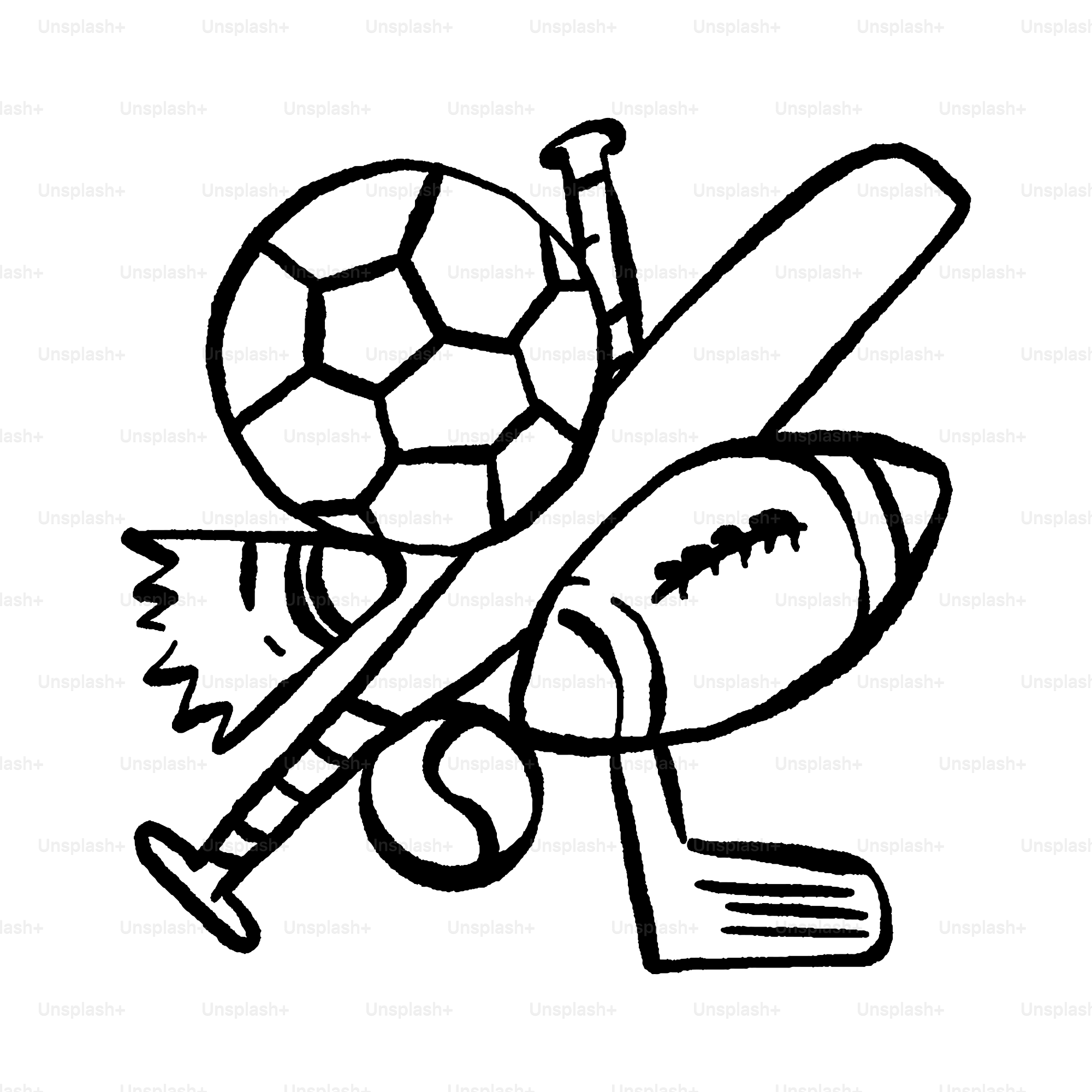 A black and white drawing of a soccer ball and a bat