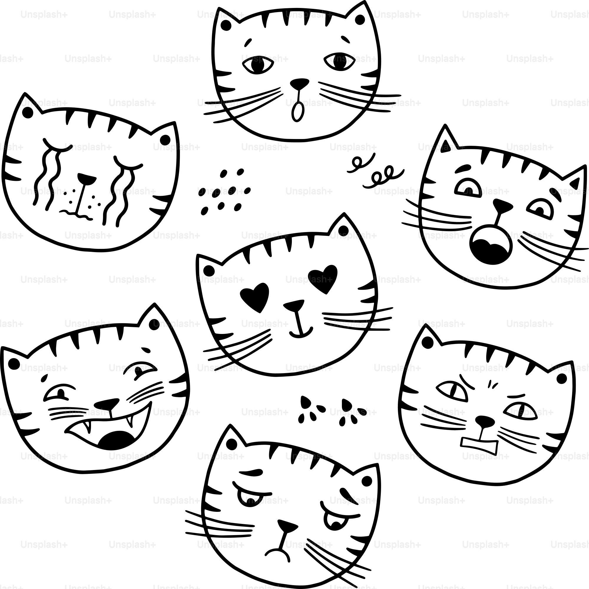 A group of cats with faces drawn in black and white