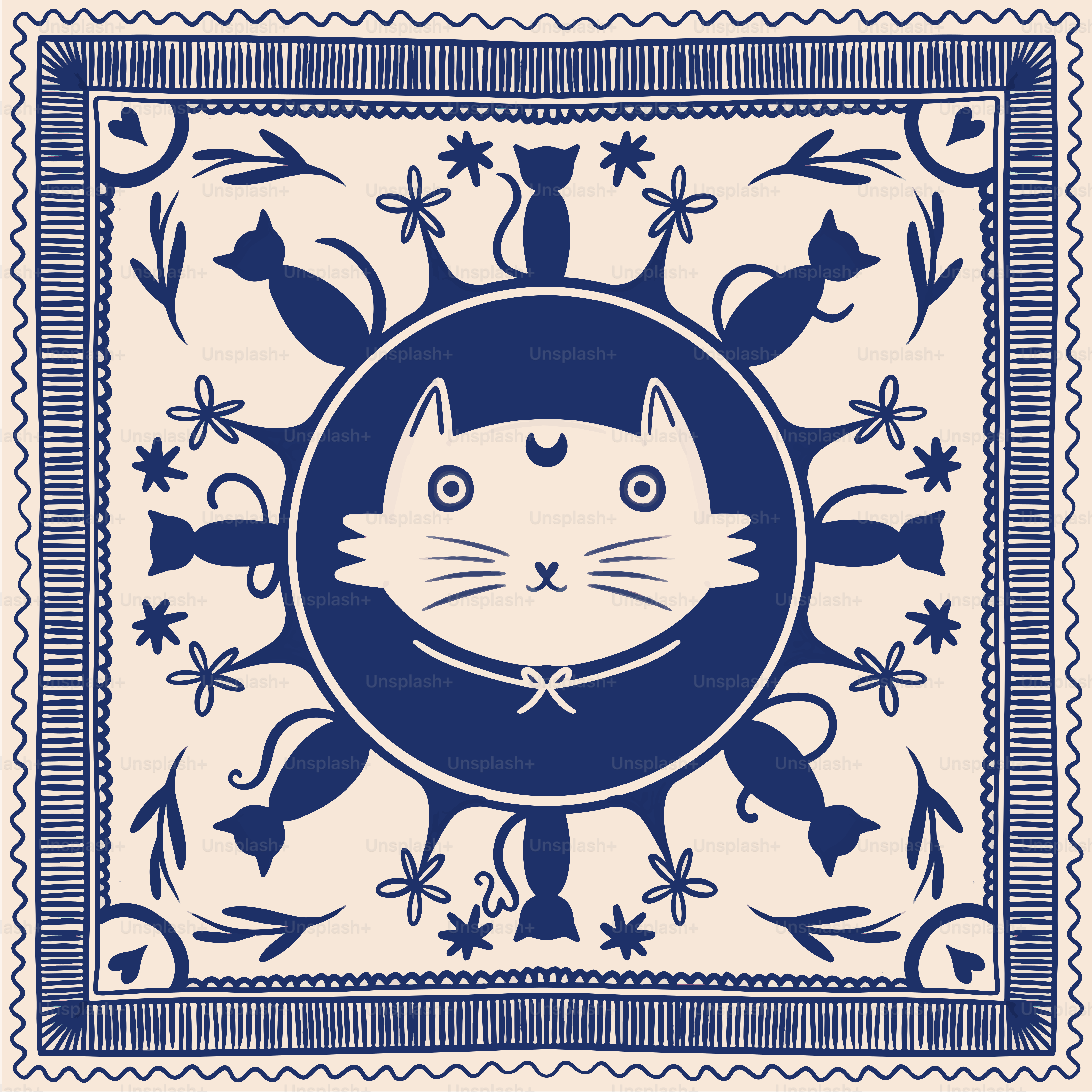 A blue and white picture of a cat