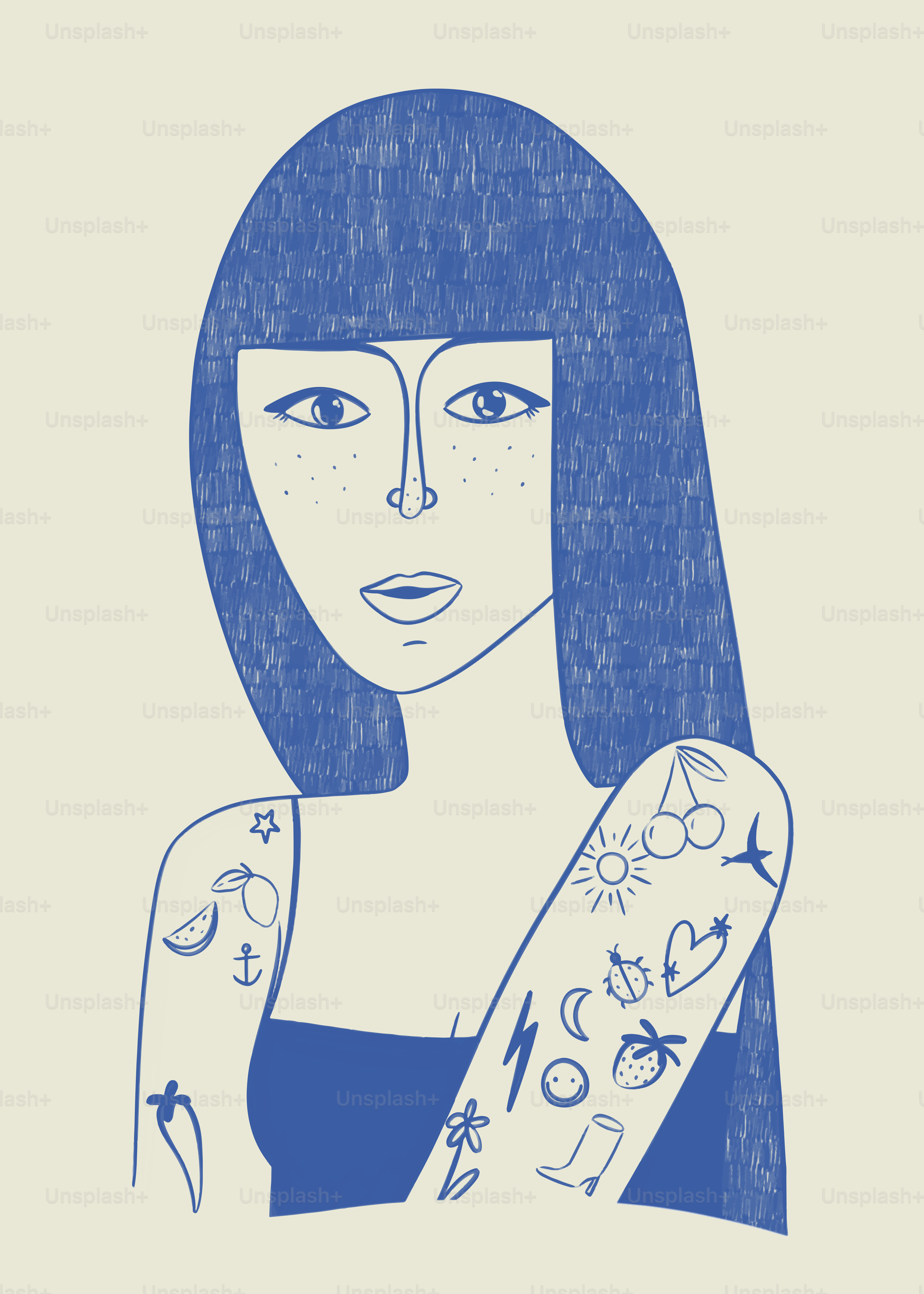 Un dibujo de una mujer con un tatuaje en el brazo