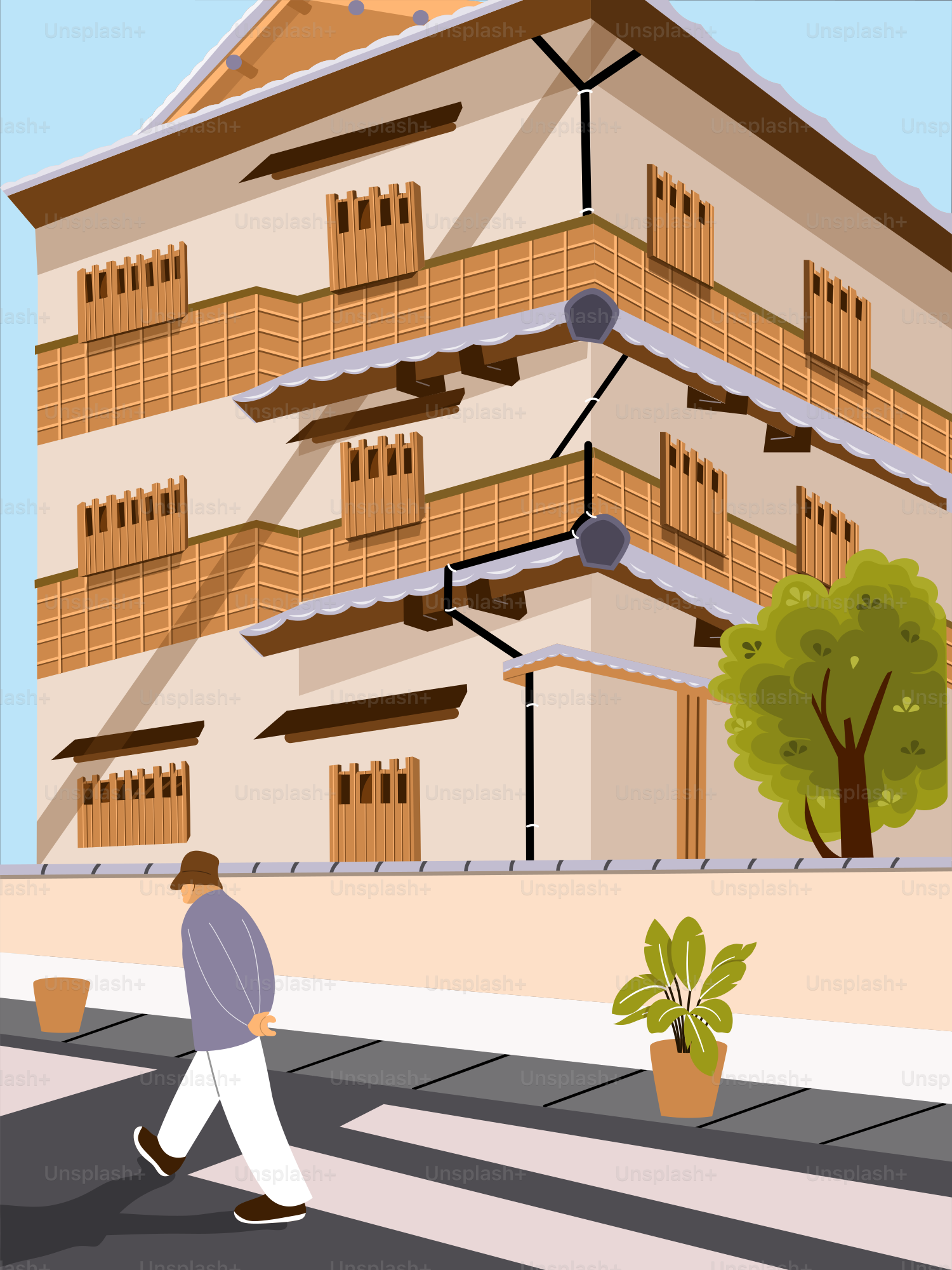 Ein Mann geht über eine Straße neben einem hohen Gebäude