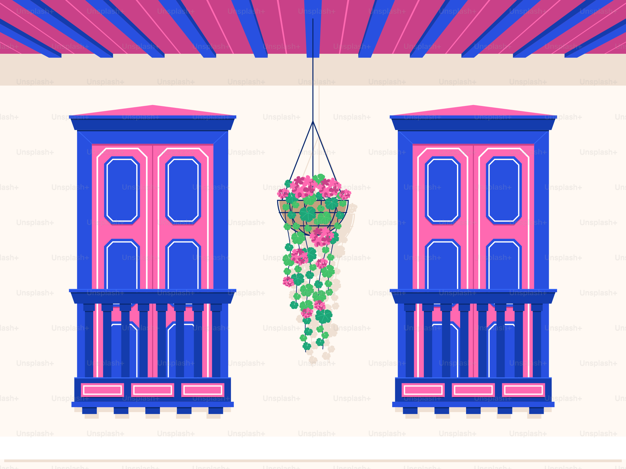 A screen shot of a window with flowers hanging from it