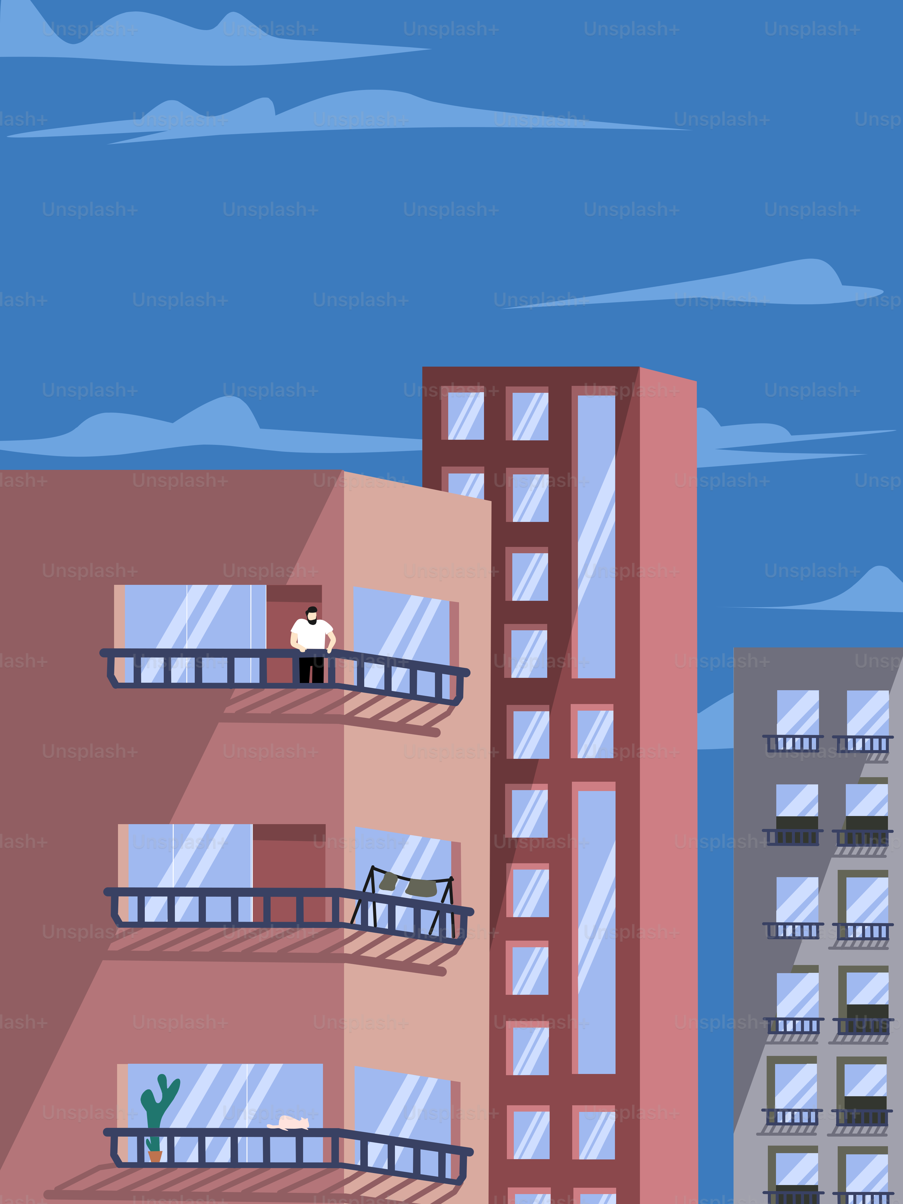 Ein hohes Gebäude mit Balkonen auf der Spitze