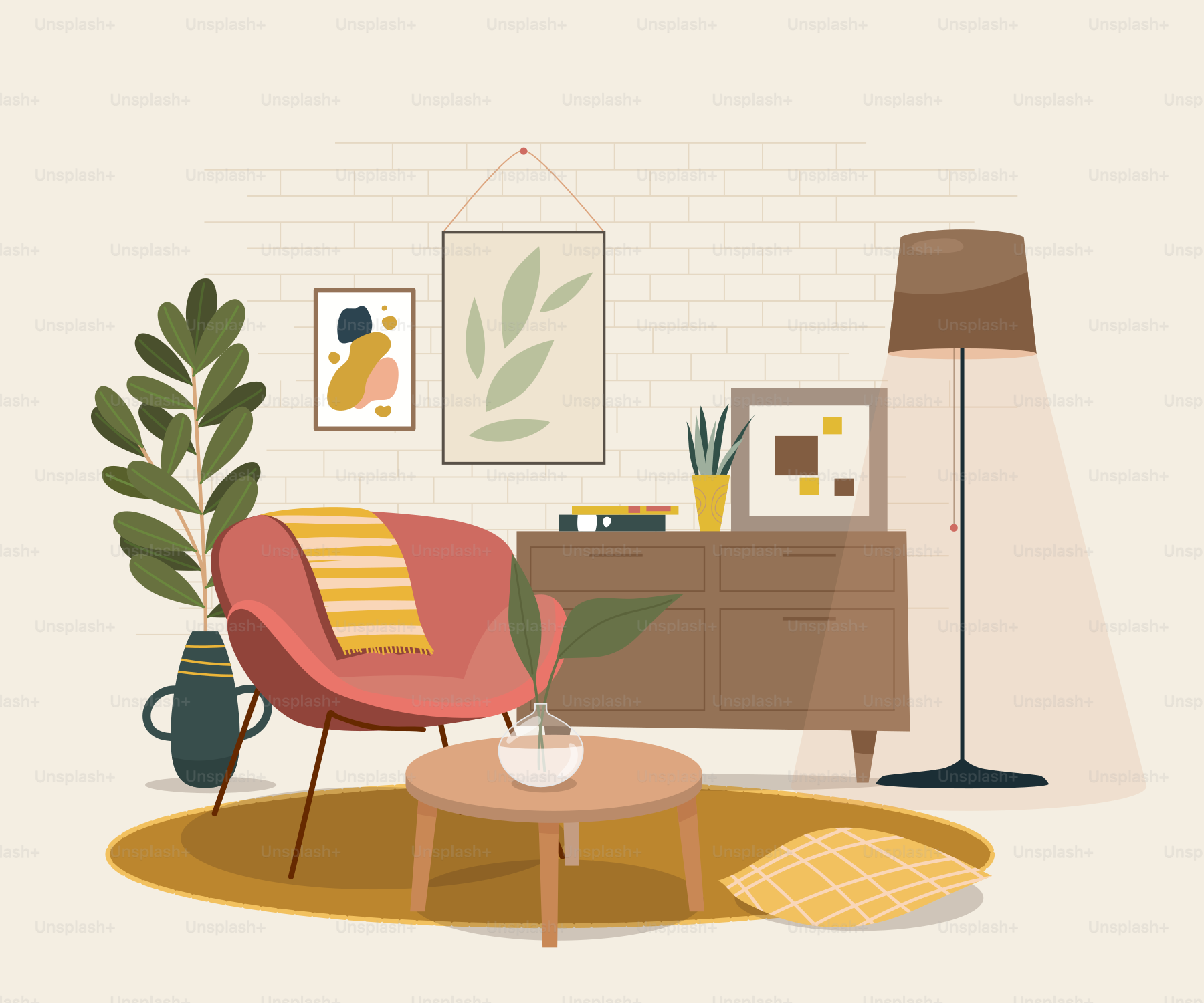 Ein Wohnzimmer voller Möbel und einer Pflanze