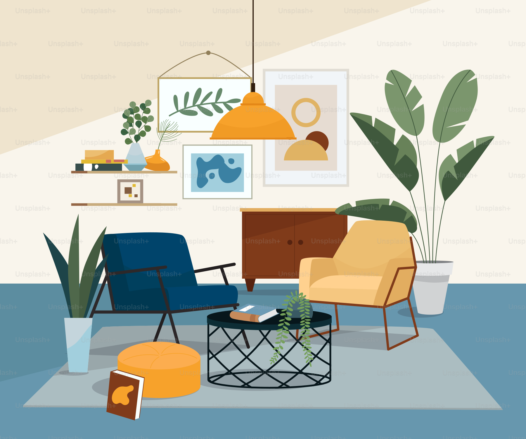 家具と鉢植えでいっぱいのリビングルーム