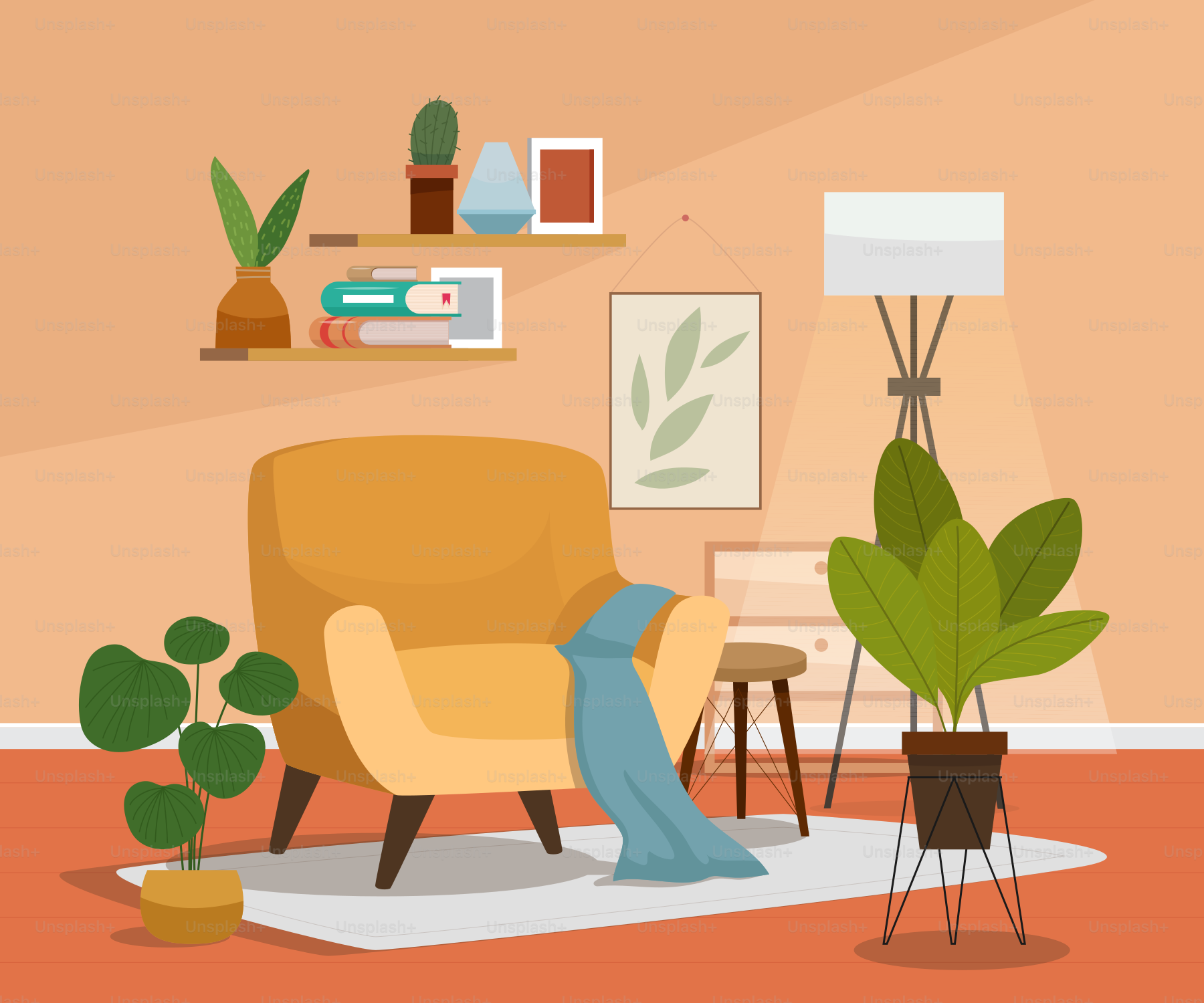 Ruang tamu yang dipenuhi dengan furnitur dan tanaman pot