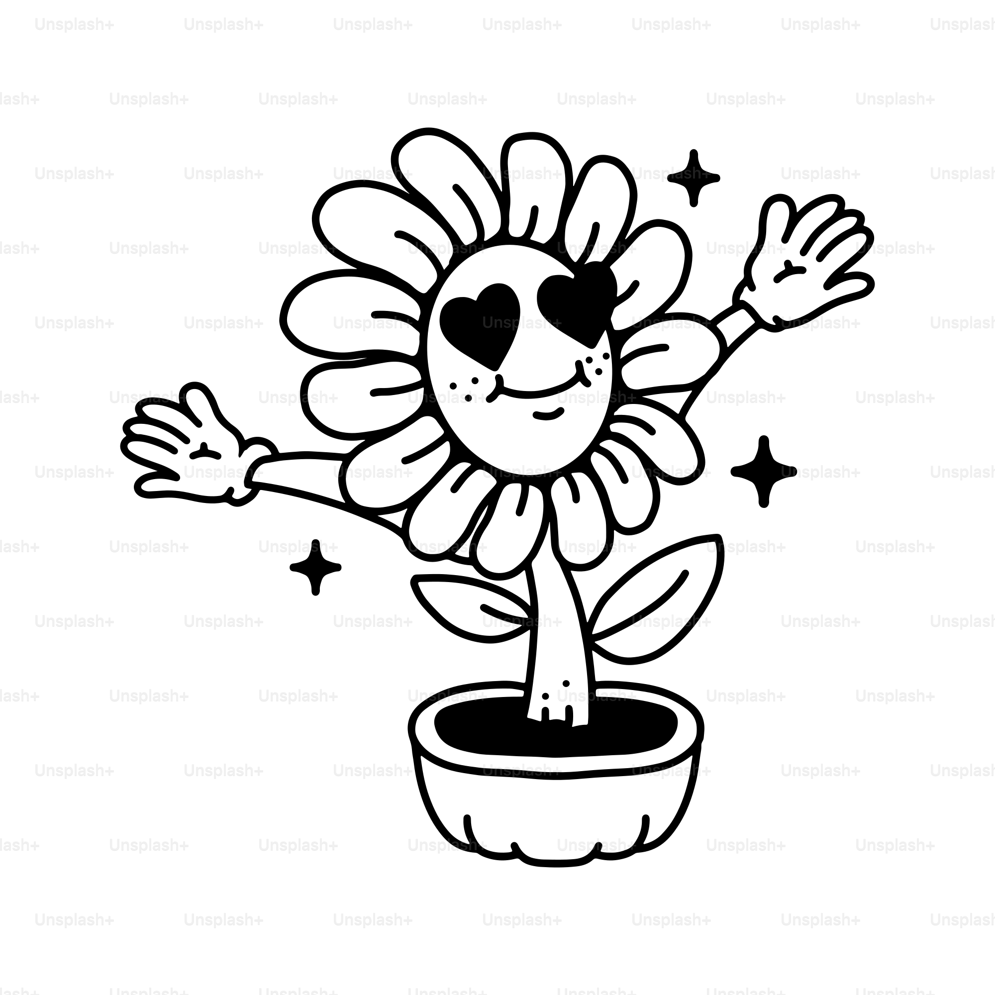 A black and white drawing of a flower in a pot