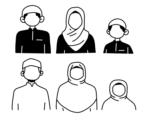 A line drawing of people wearing headscarves