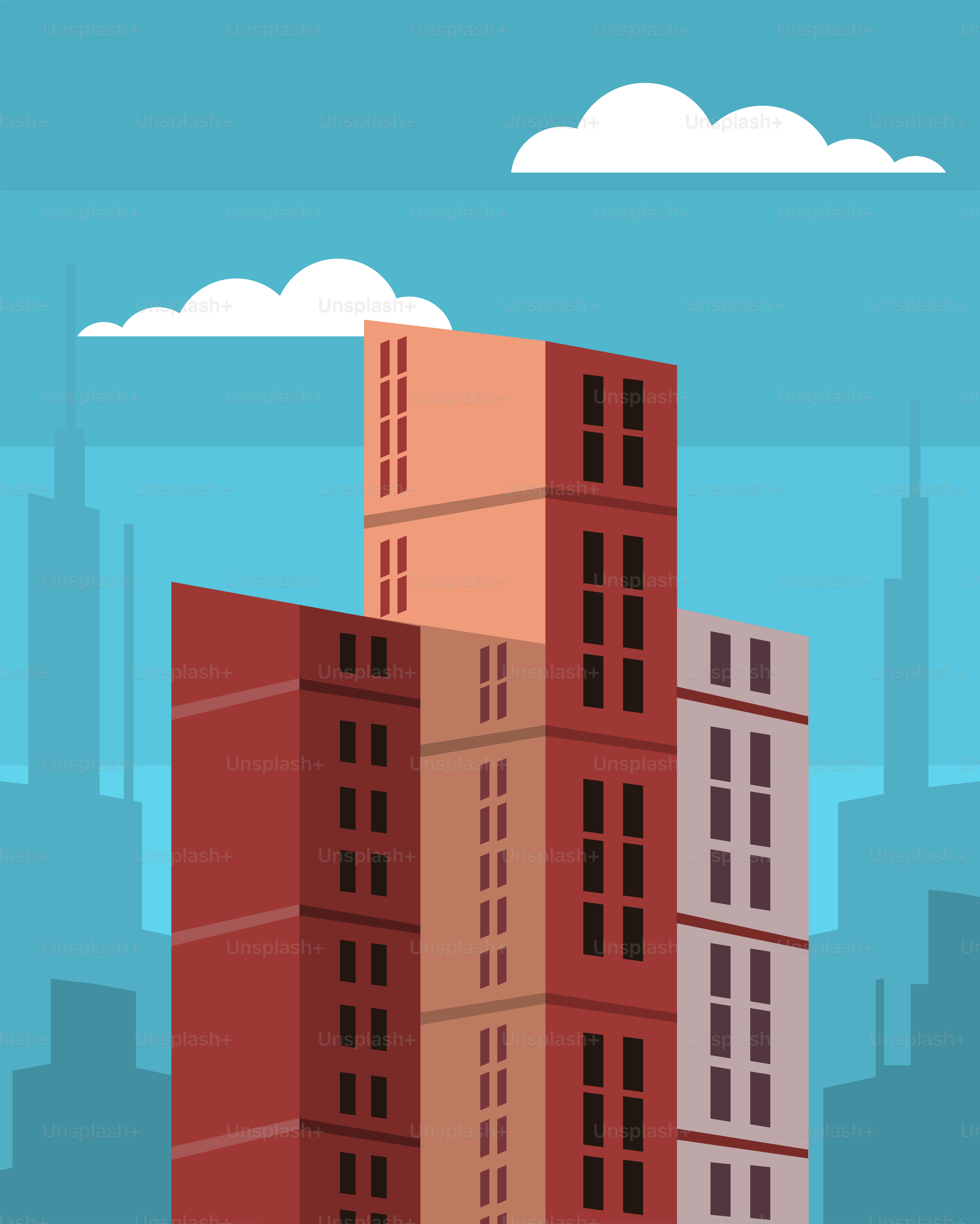 도시 한가운데 서 있는 키 큰 붉은 건물