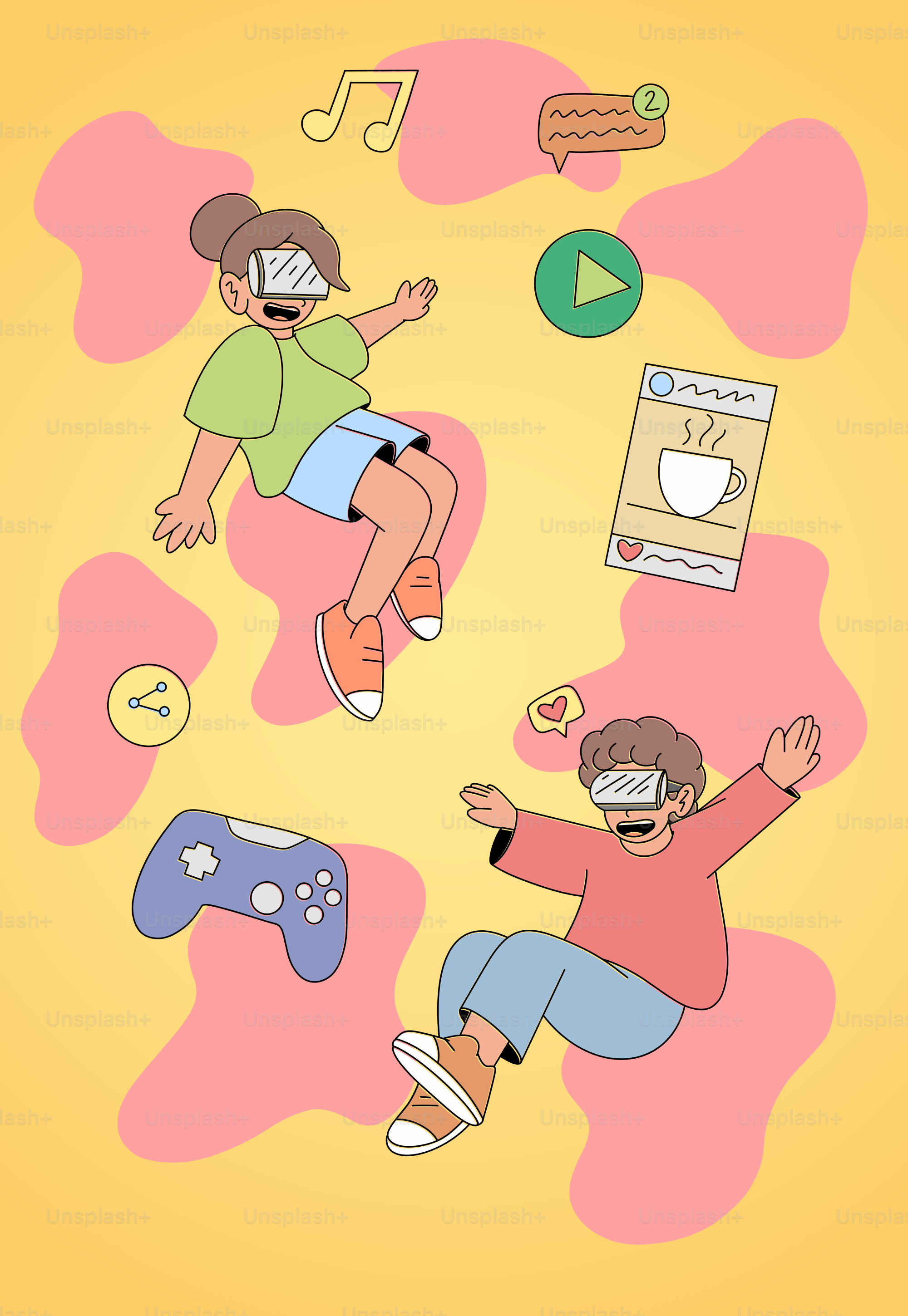 A couple of kids playing a game on a yellow background