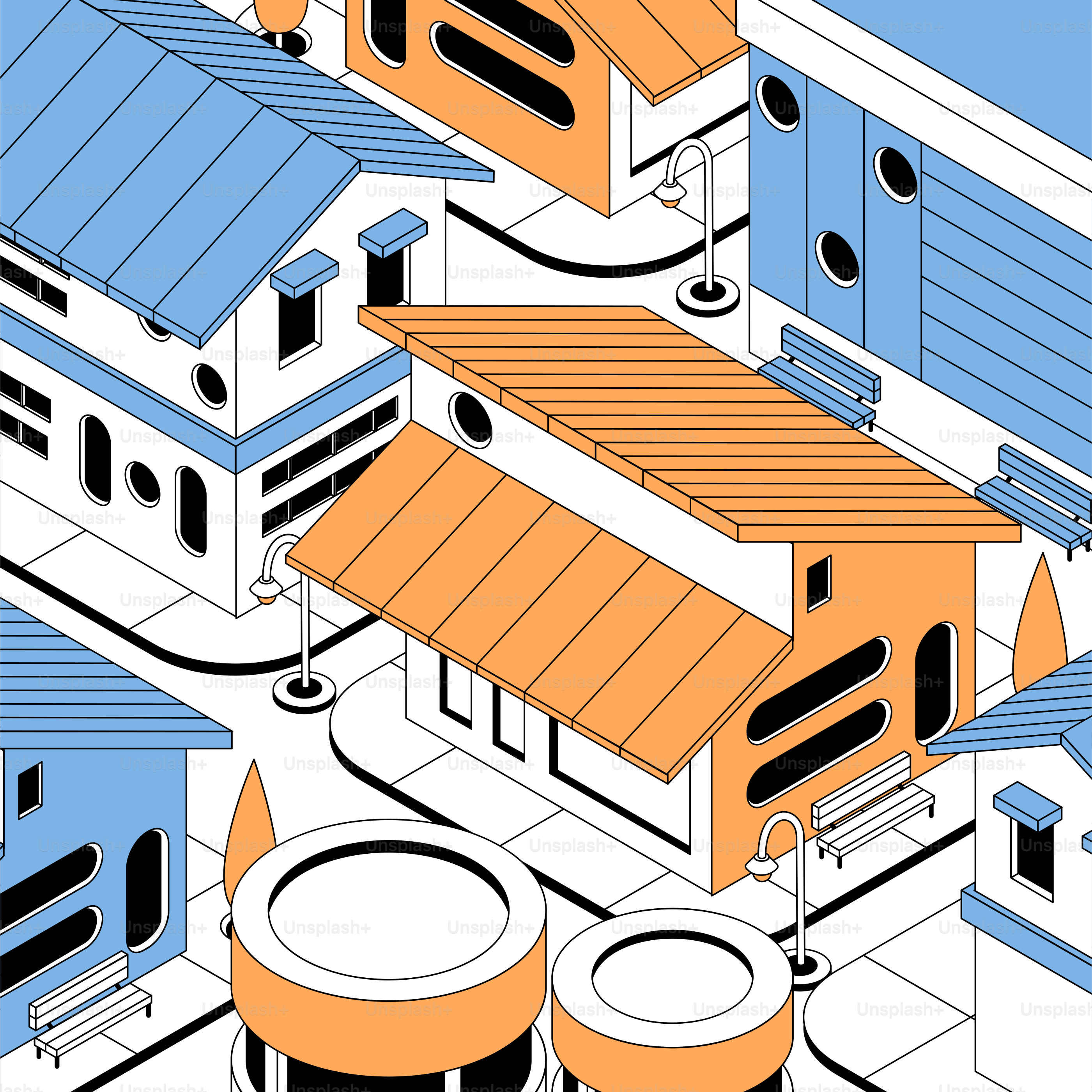 An illustration of a kitchen with orange and blue appliances