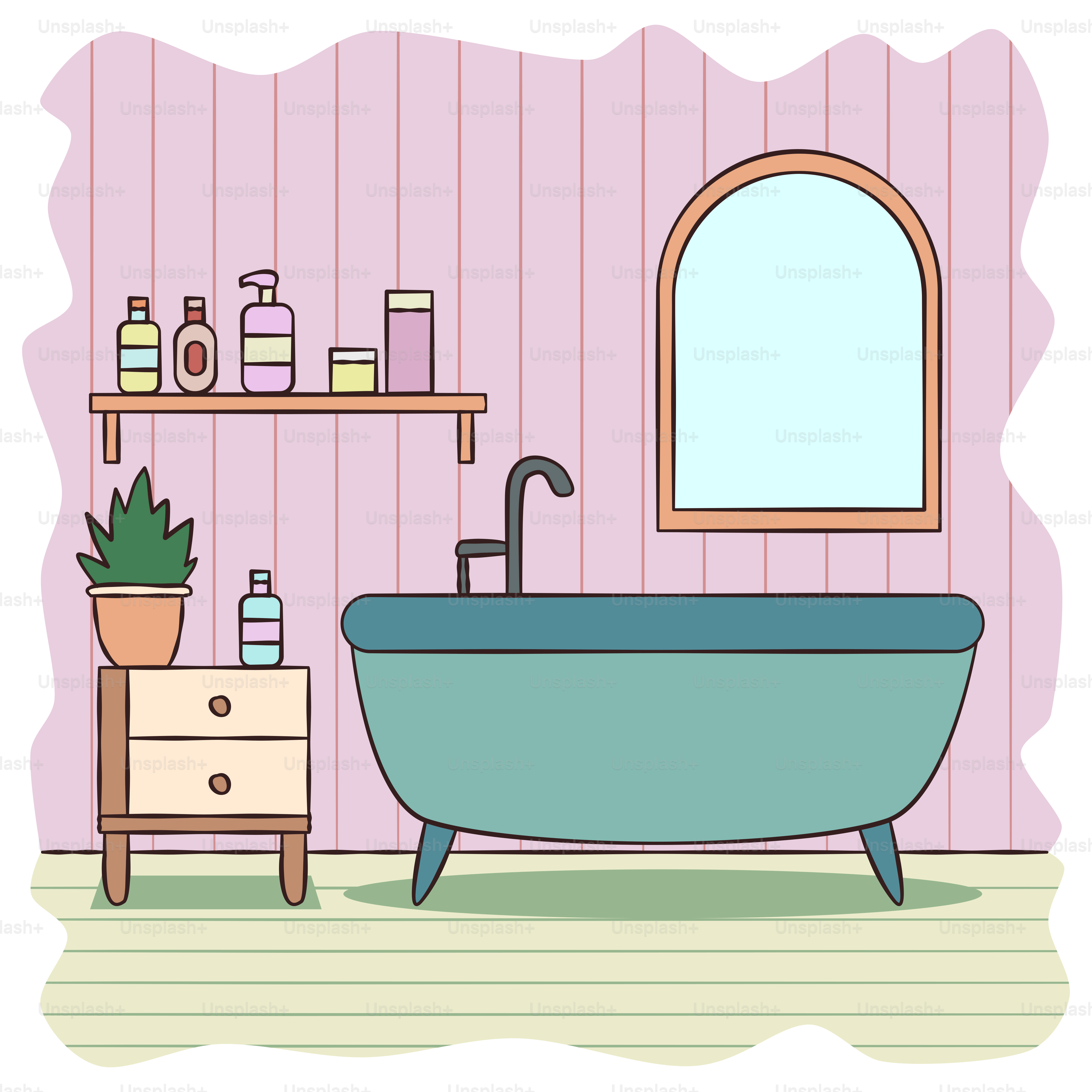 A bathroom with a blue bathtub and a mirror