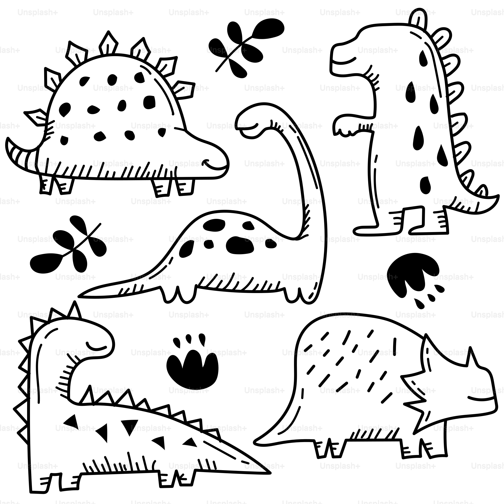 Un dibujo en blanco y negro de dinosaurios