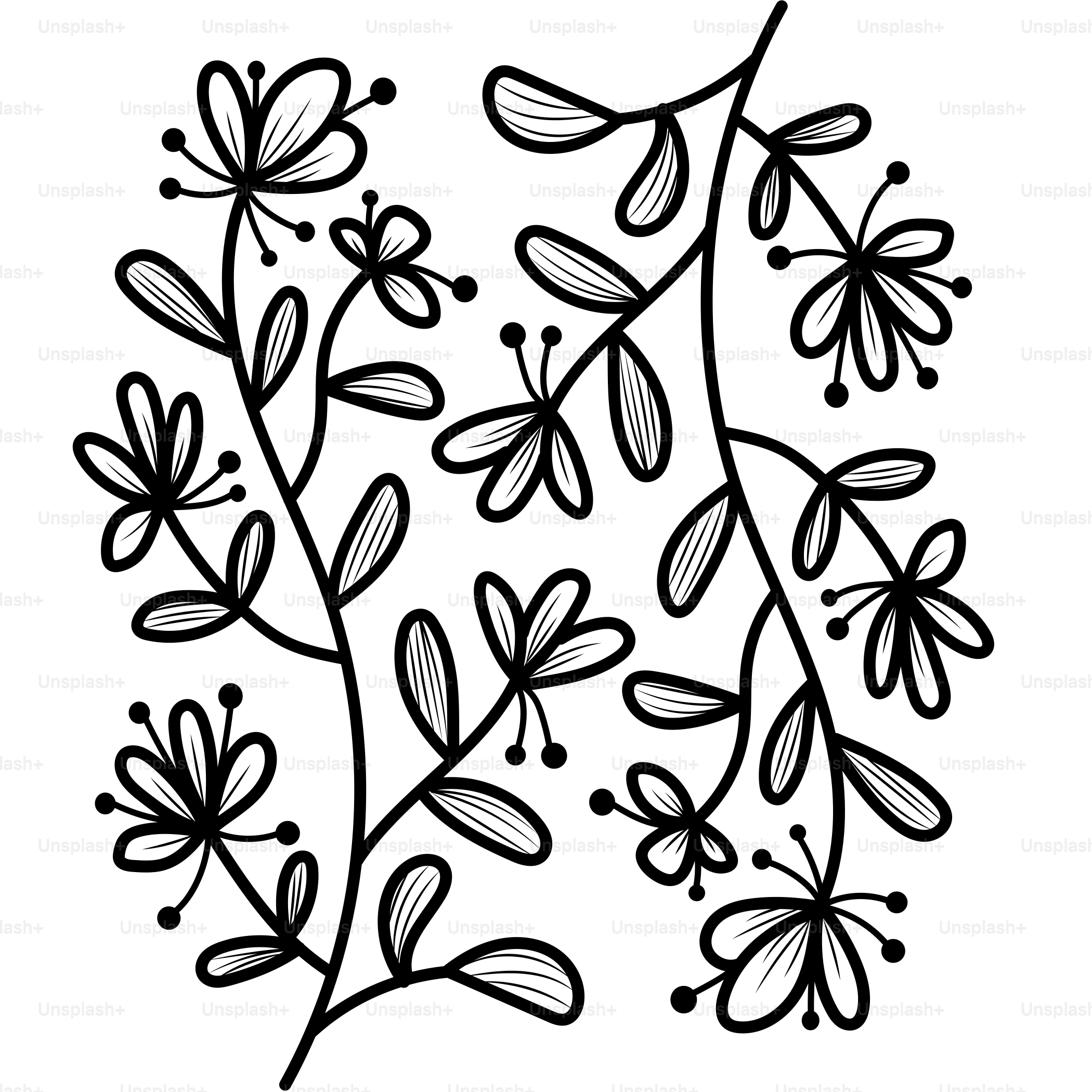 A black and white drawing of flowers