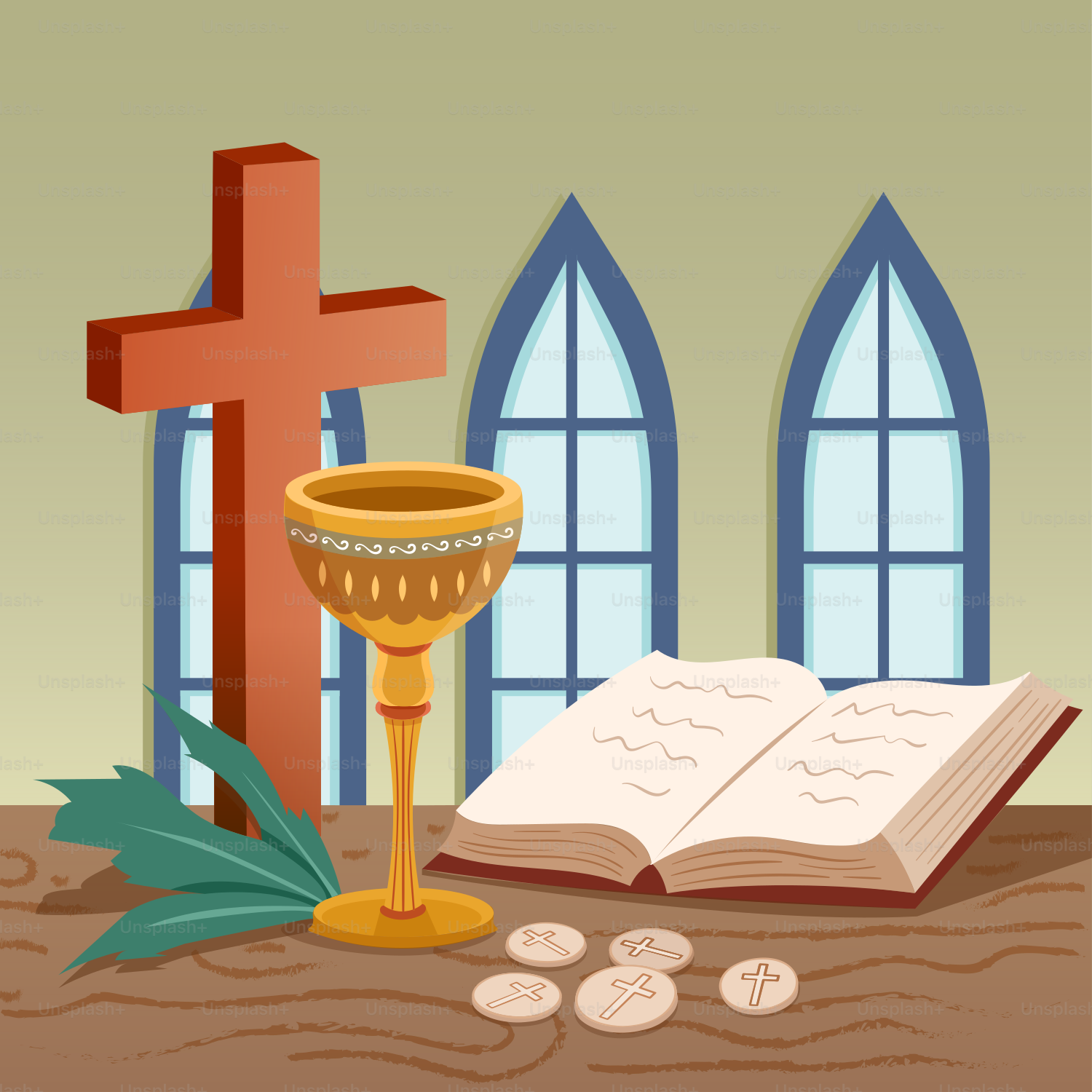 Ein Kreuz, ein Buch und ein Becher auf einem Tisch