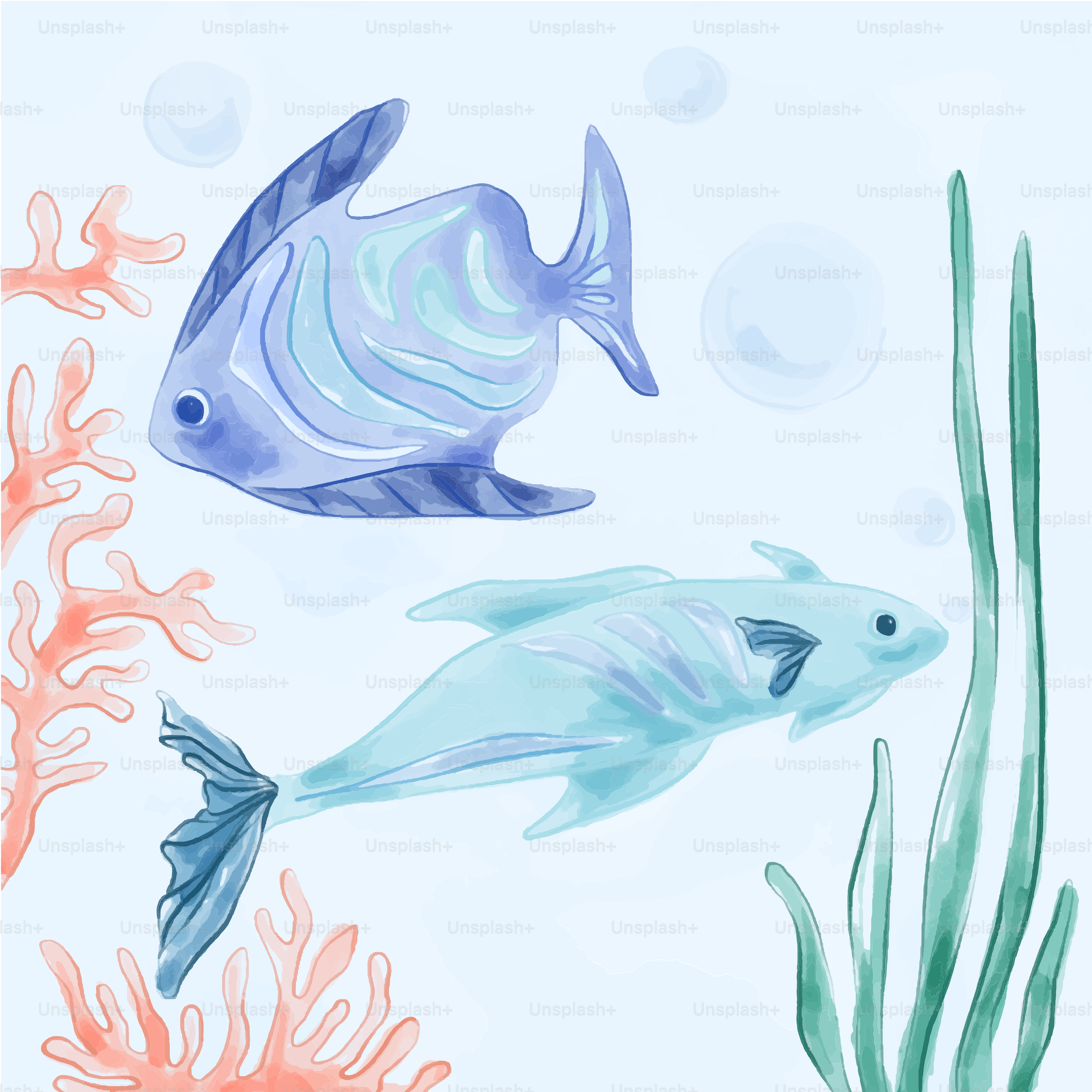 Un disegno di un gruppo di pesci nell'acqua