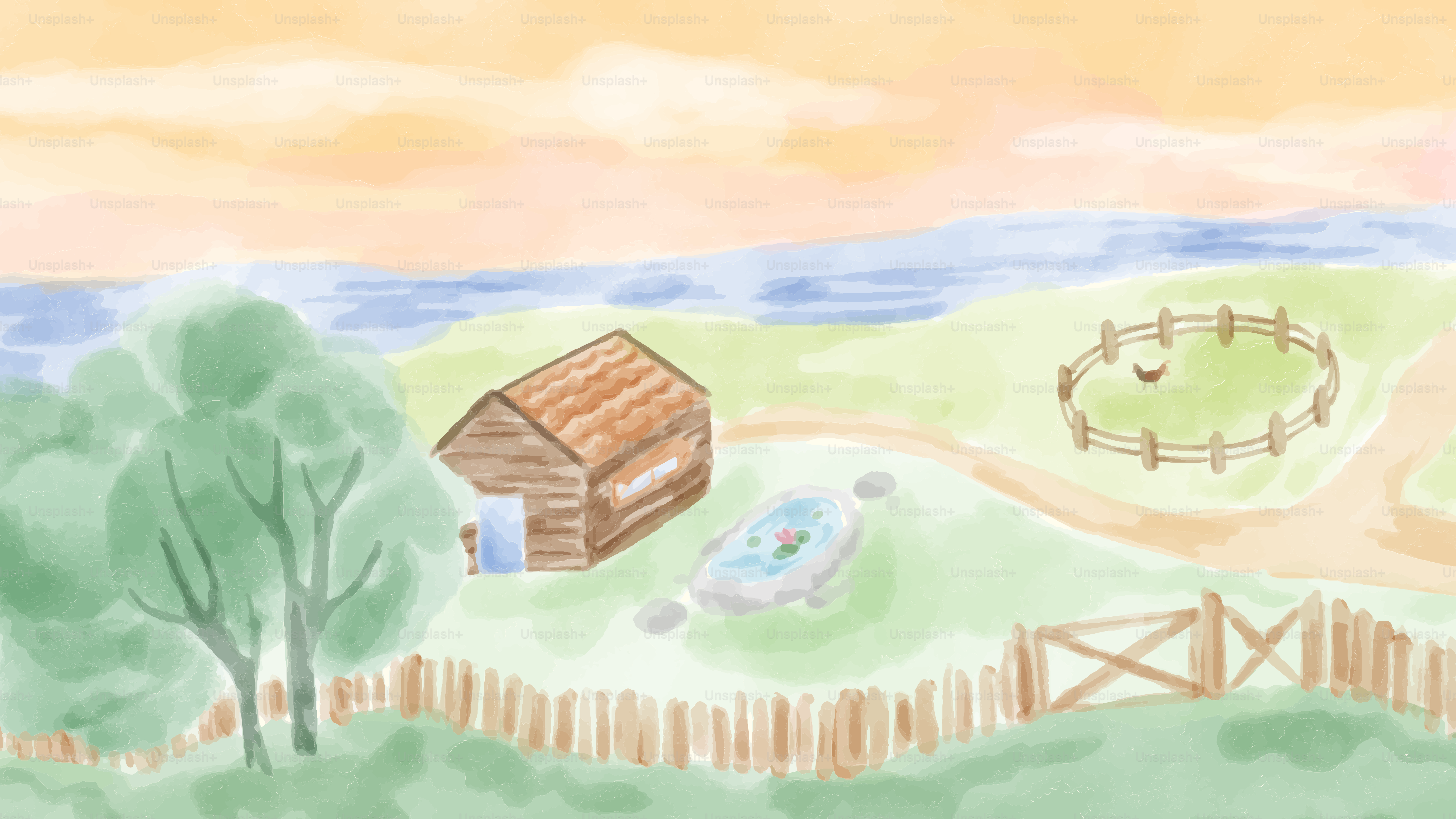 Un disegno di una fattoria con un cavallo e una stalla