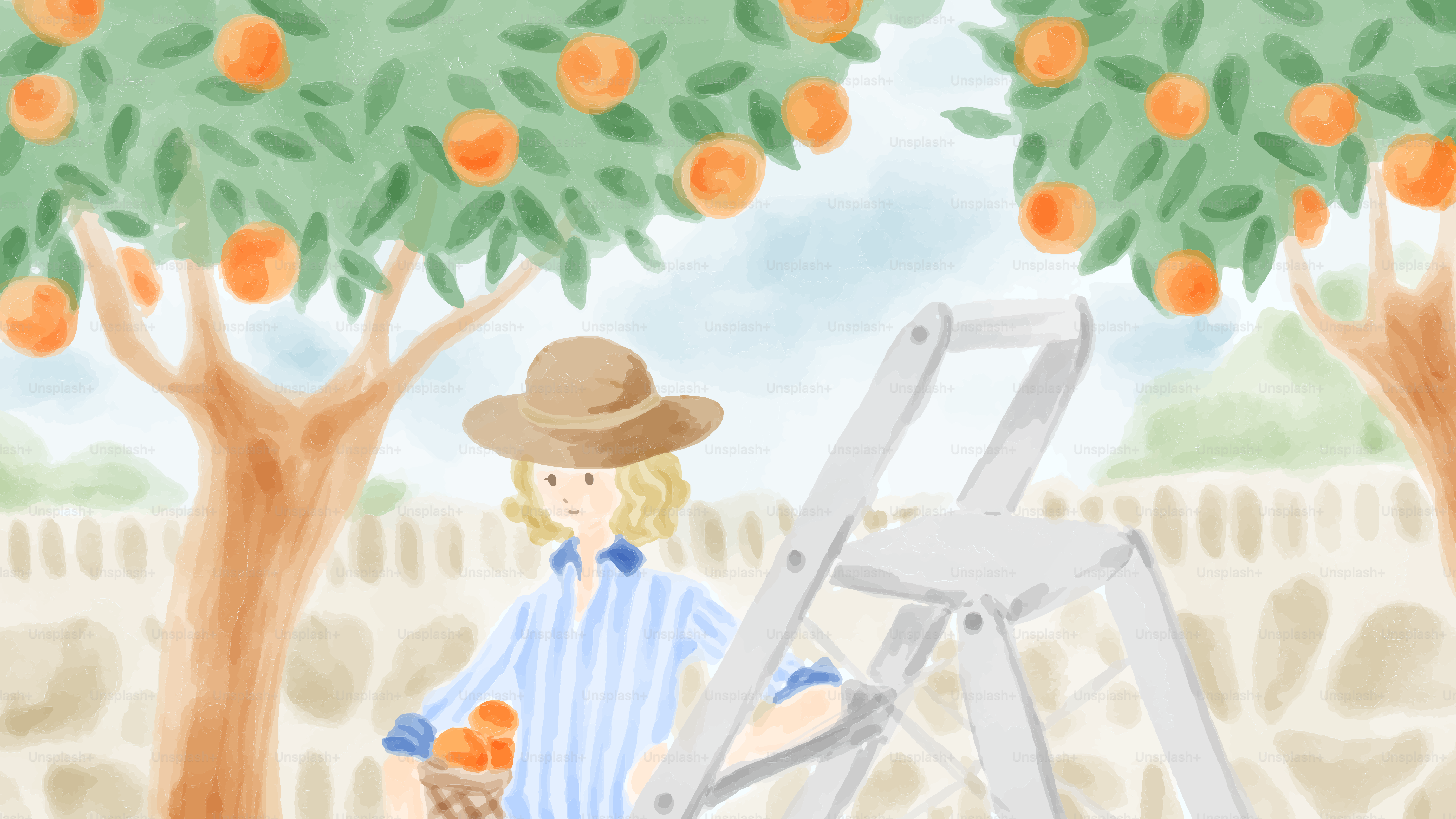 Un disegno di una donna con un cappello in piedi accanto a una scala