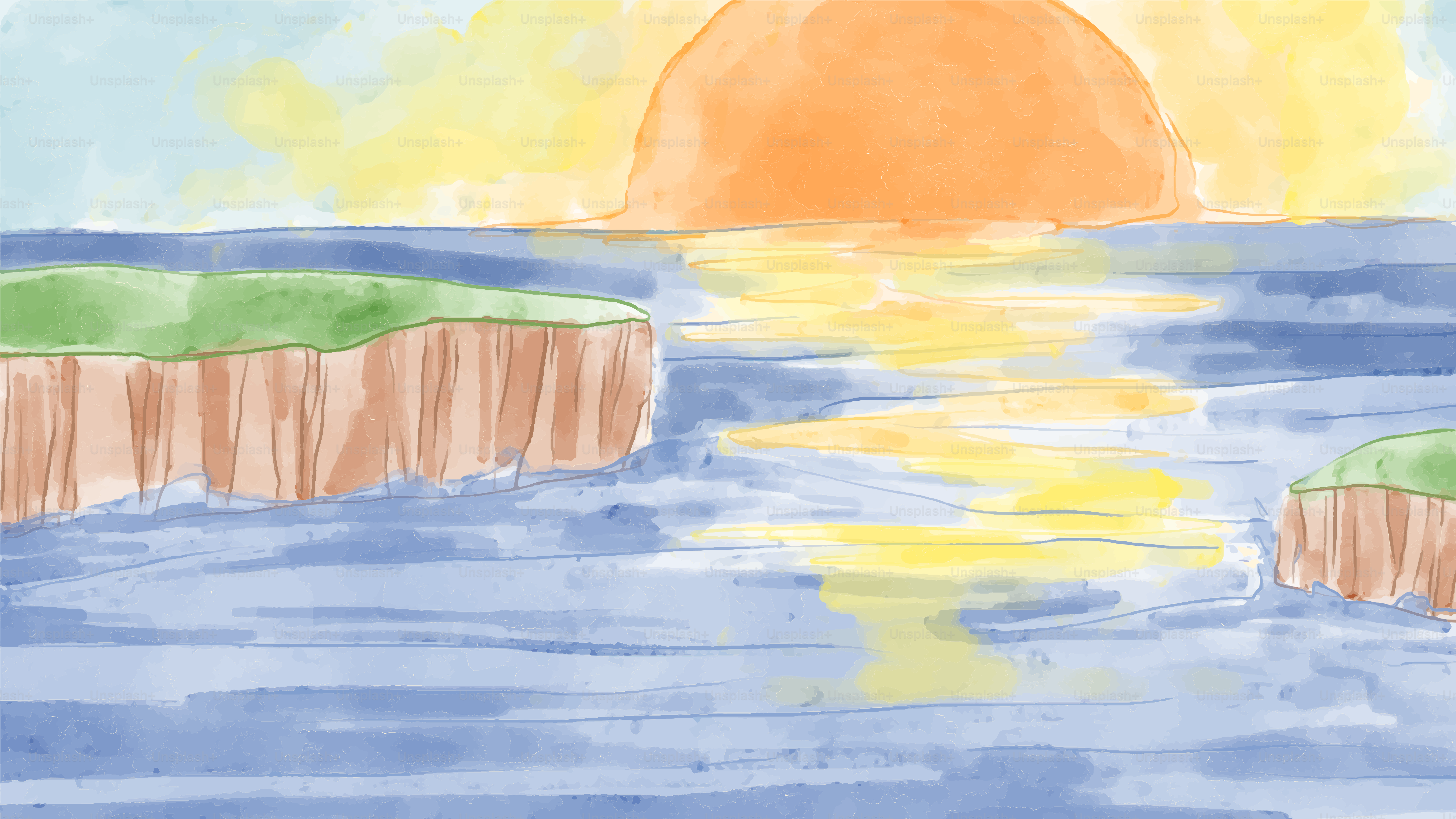 A drawing of a sunset over a body of water