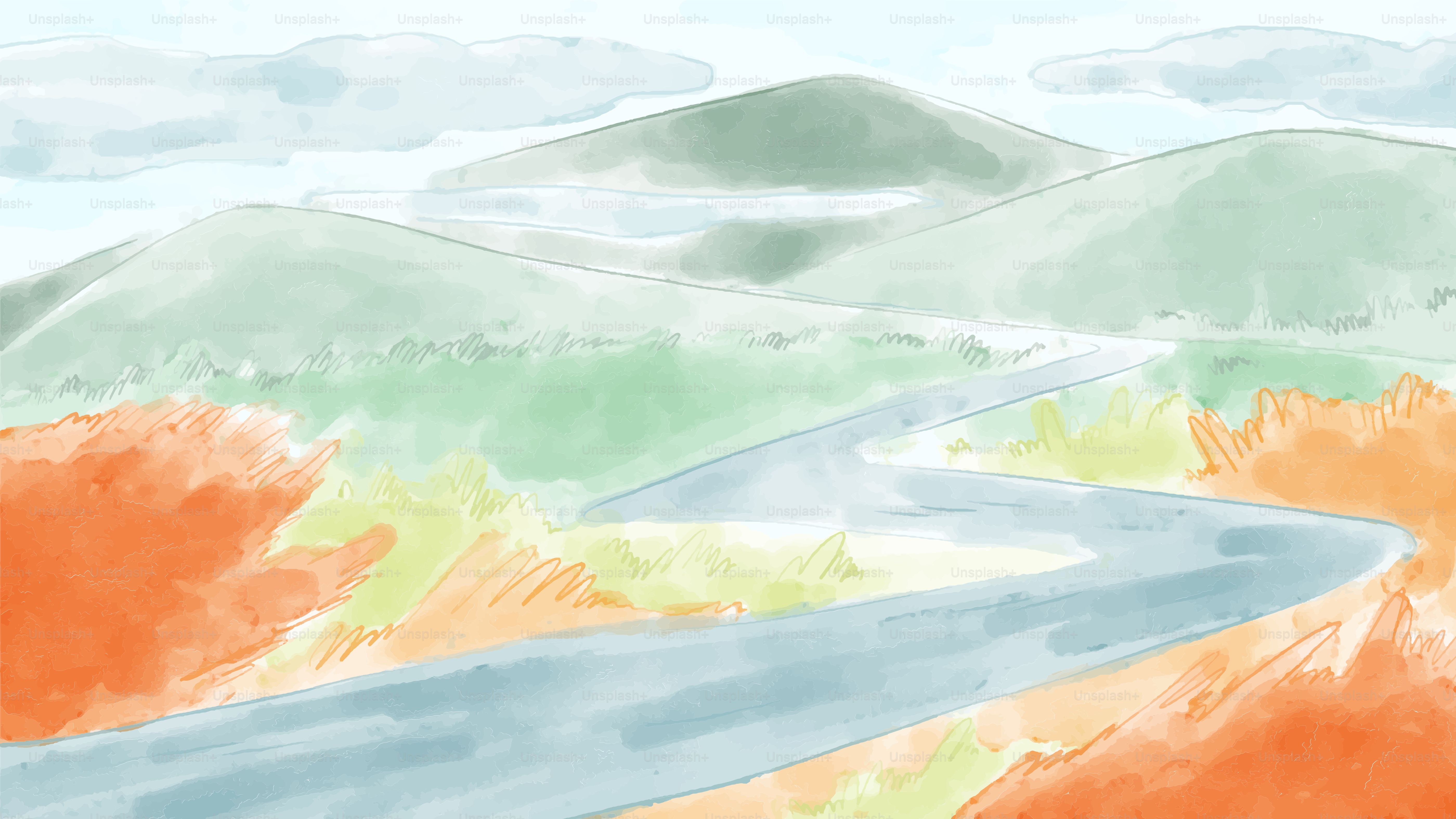 A drawing of a winding road in the mountains