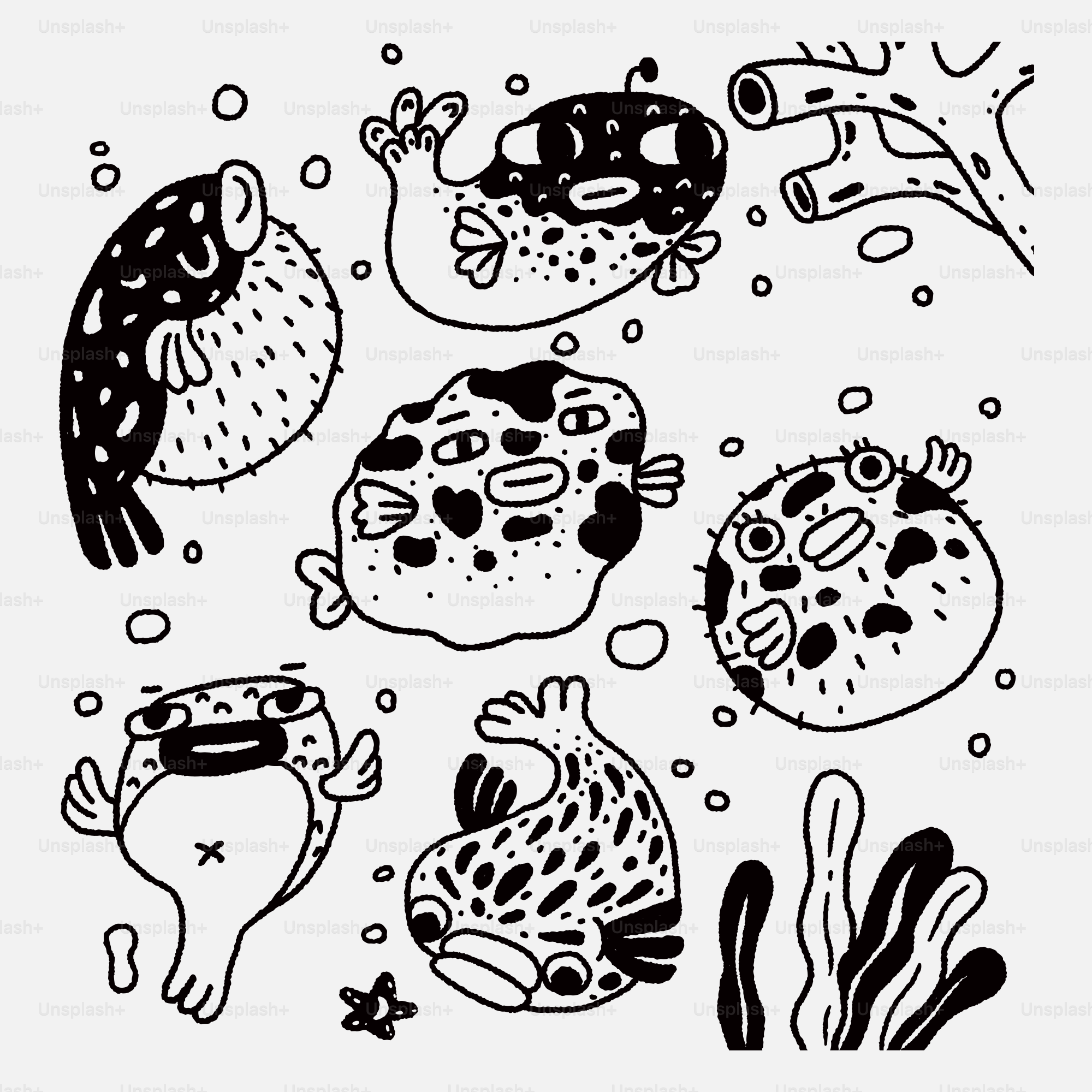 Eine Schwarzweißzeichnung von Meerestieren